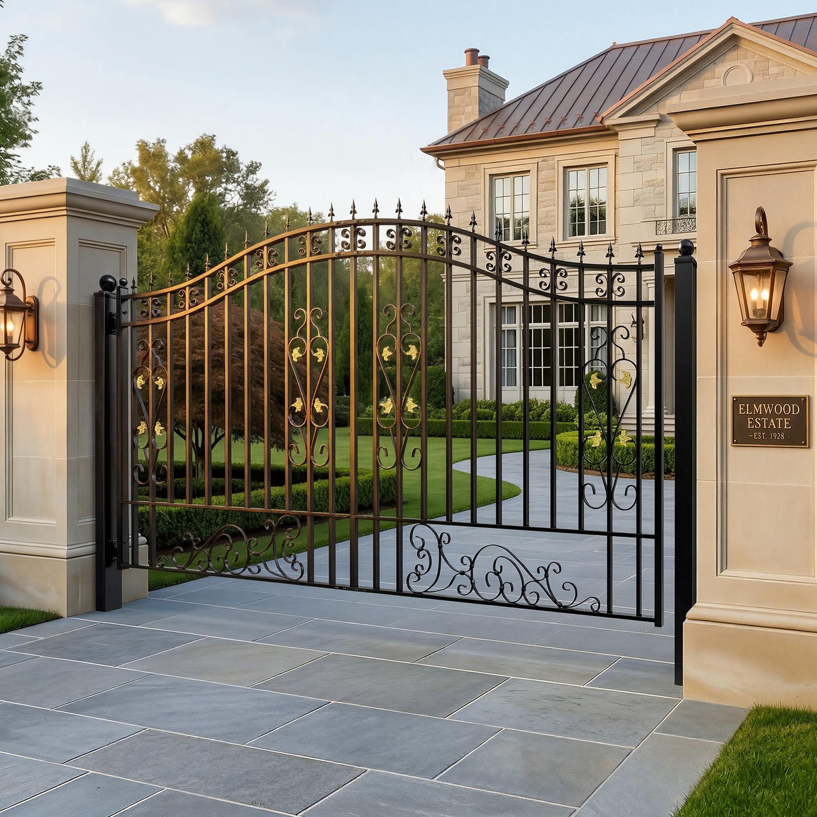 ZUMI 12x6 ft Single Swing Driveway Gate Arched Top Swing Gate Floral Scrollwork