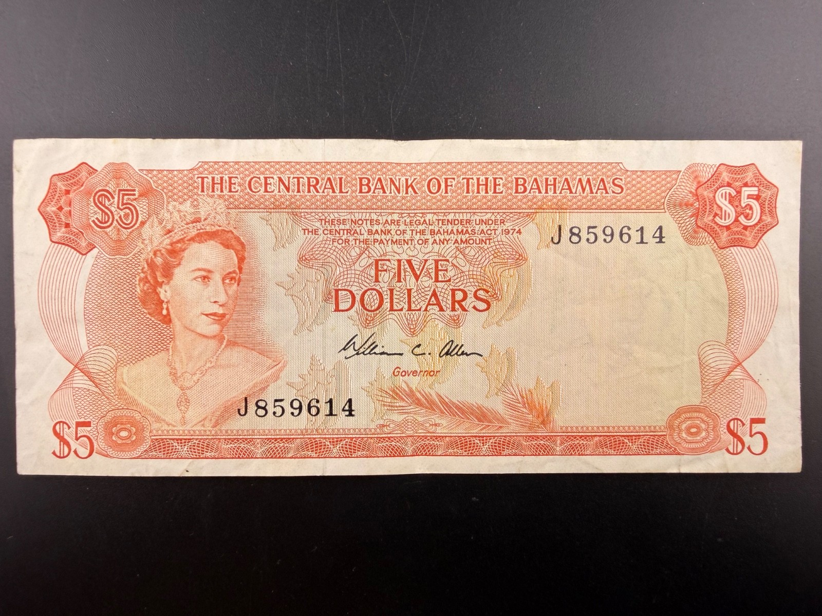 1974 Bahamas 5 Dollars Elizabeth II P#37b Banknote BH-25