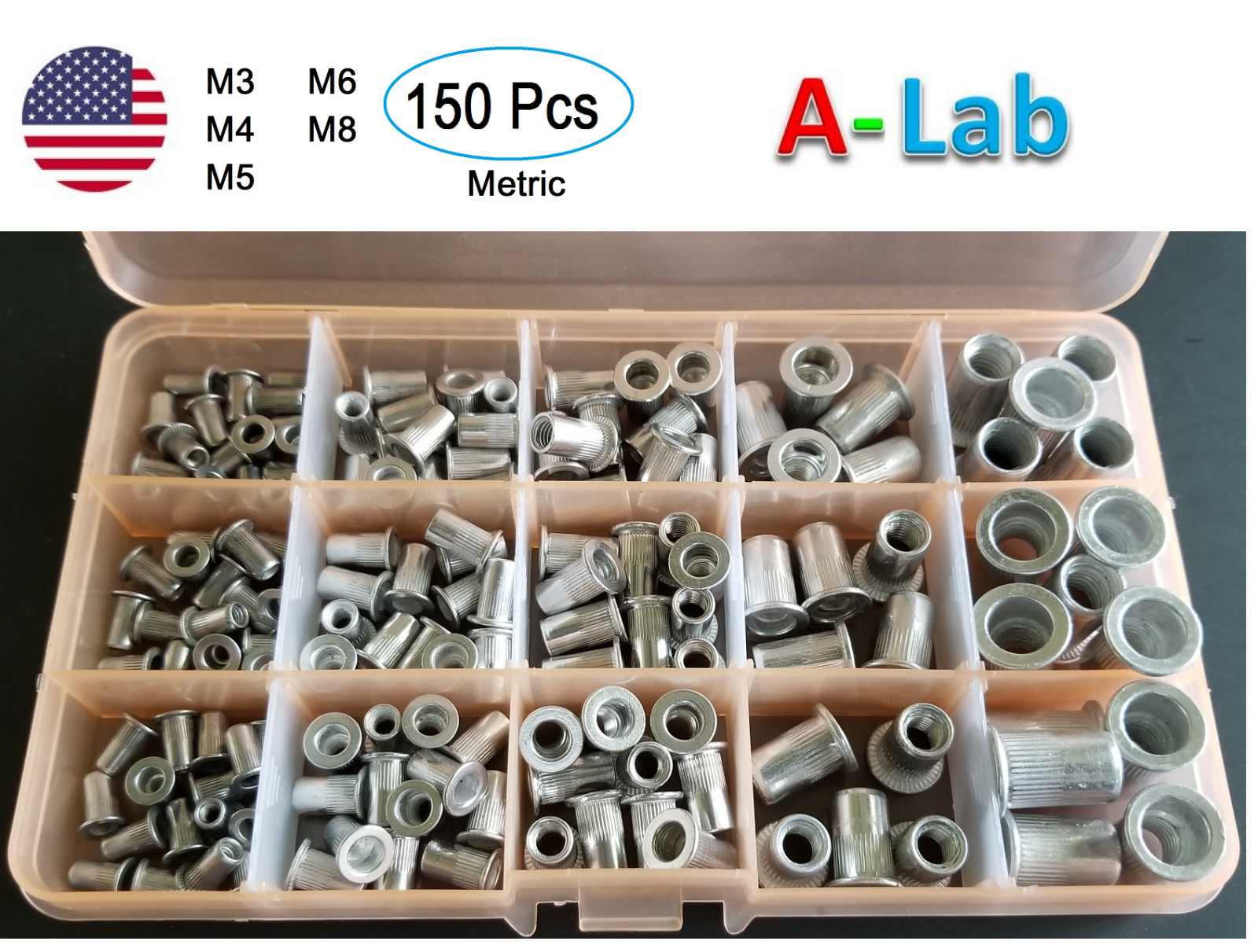 Aluminum Rivet Nut  Kit Metric Rivnut Nutsert Assort M3 M4 M5 M6 M8 Pack 150 pcs