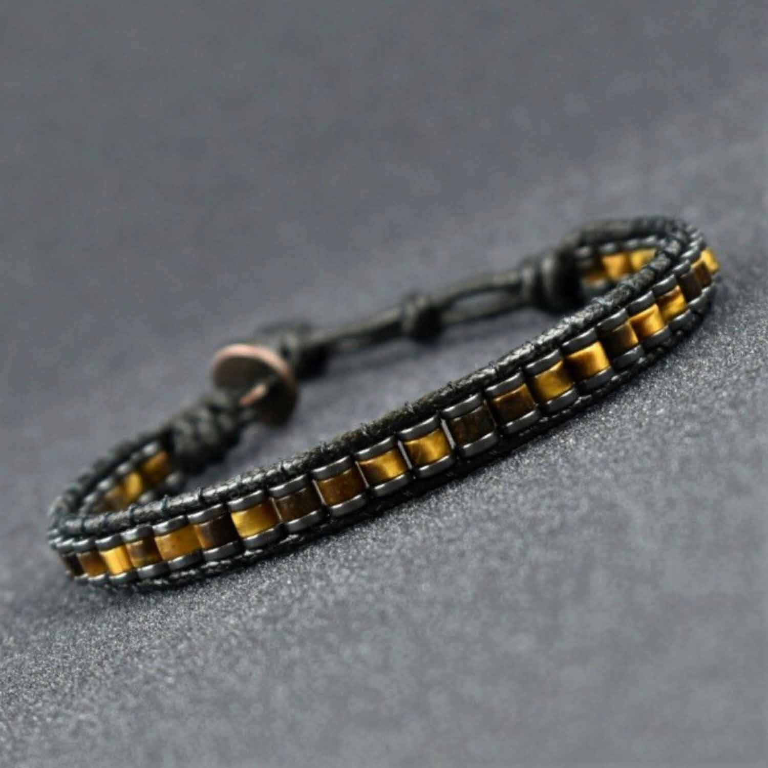 Men's Tiger Eye Hematite Beaded Armlet Bracelet Adjustable Masculine Bangle Gift