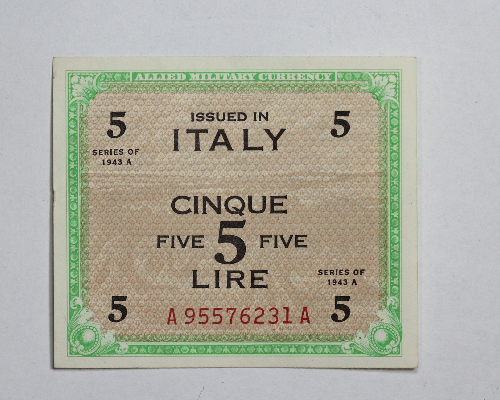 Series of 1943-A Italy 5 Lire Allied Military Currency 2QQJ