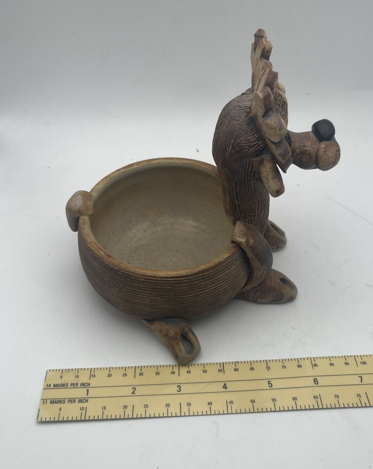 Handcrafted ceramic planter fashioned into a whimsical reindeer, Stamped EUC