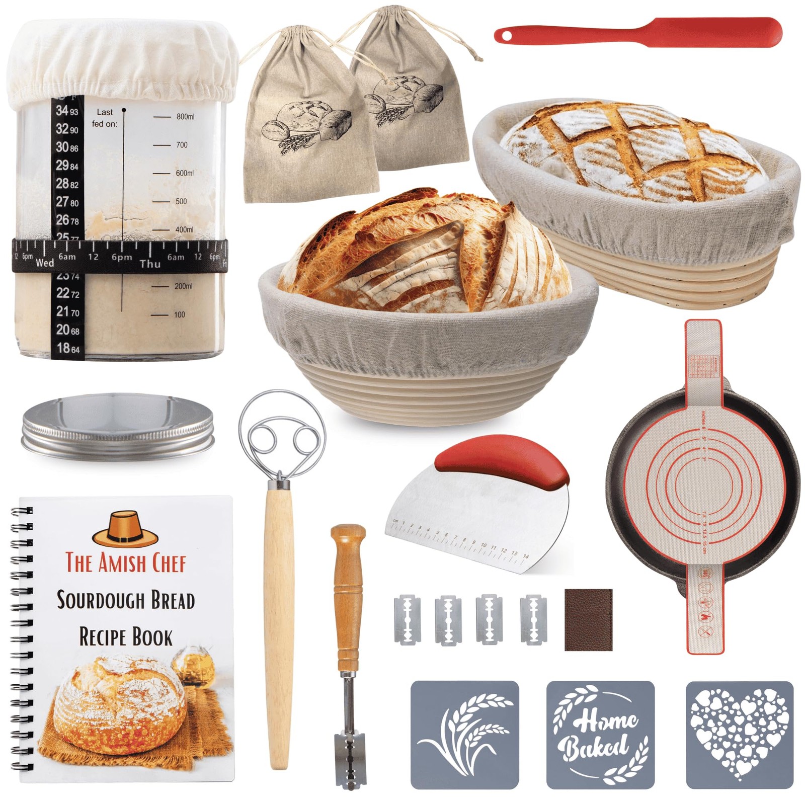 Complete Sourdough Bread Starter Kit, Glass Large, 2x Baskets and Jar