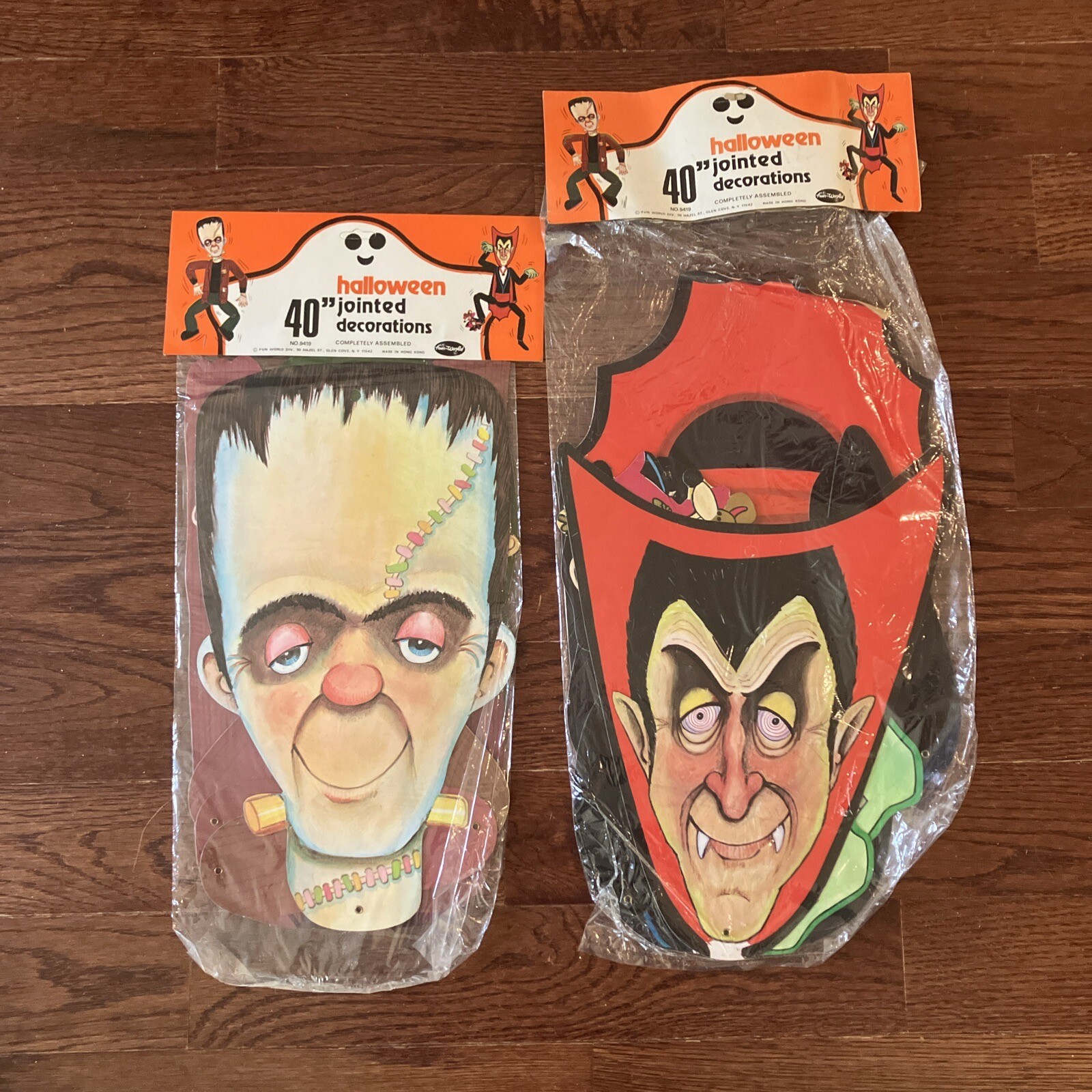 Pair of NOS Fun World 40" Jointed Halloween Decoration Frankenstein & Dracula