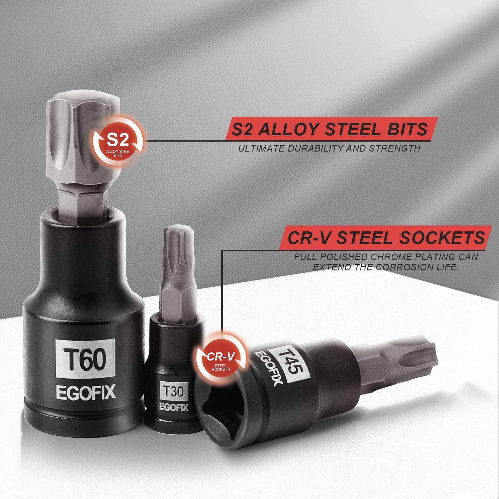 EGOFIX 25 Piece Torx Bit and Socket Set, 13 Star Bits T8-T60,E4-E22(25PCS)