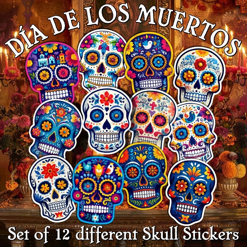 Skull Set of 12 different Stickers, Dia de los Muertos, Peel N' Stick, Sizes