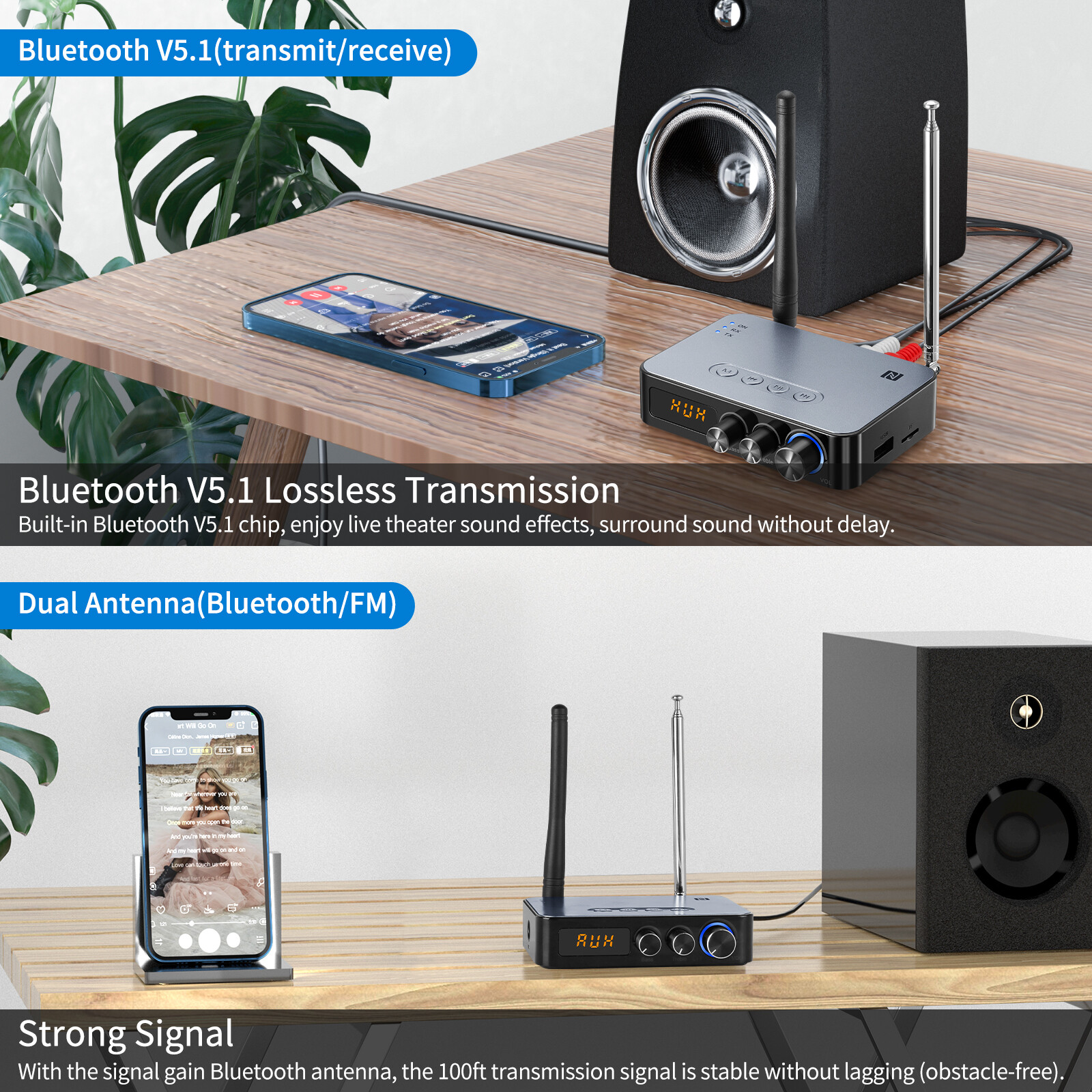 98ft Long Range 5.1 Bluetooth Audio Transmitter Receiver NFC Cordless Adapter