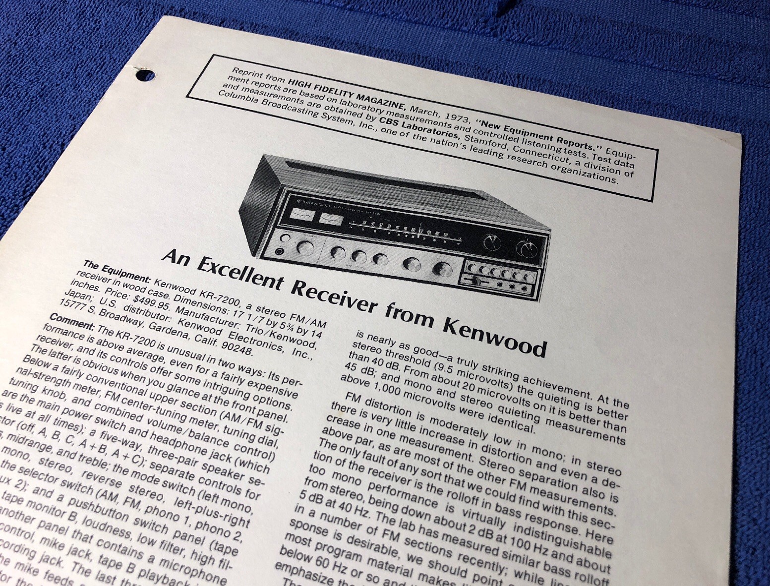 KENWOOD KR-7200 RECEIVER ORIGINAL HI-FI MAGAZINE REVIEW REPRINT M096x