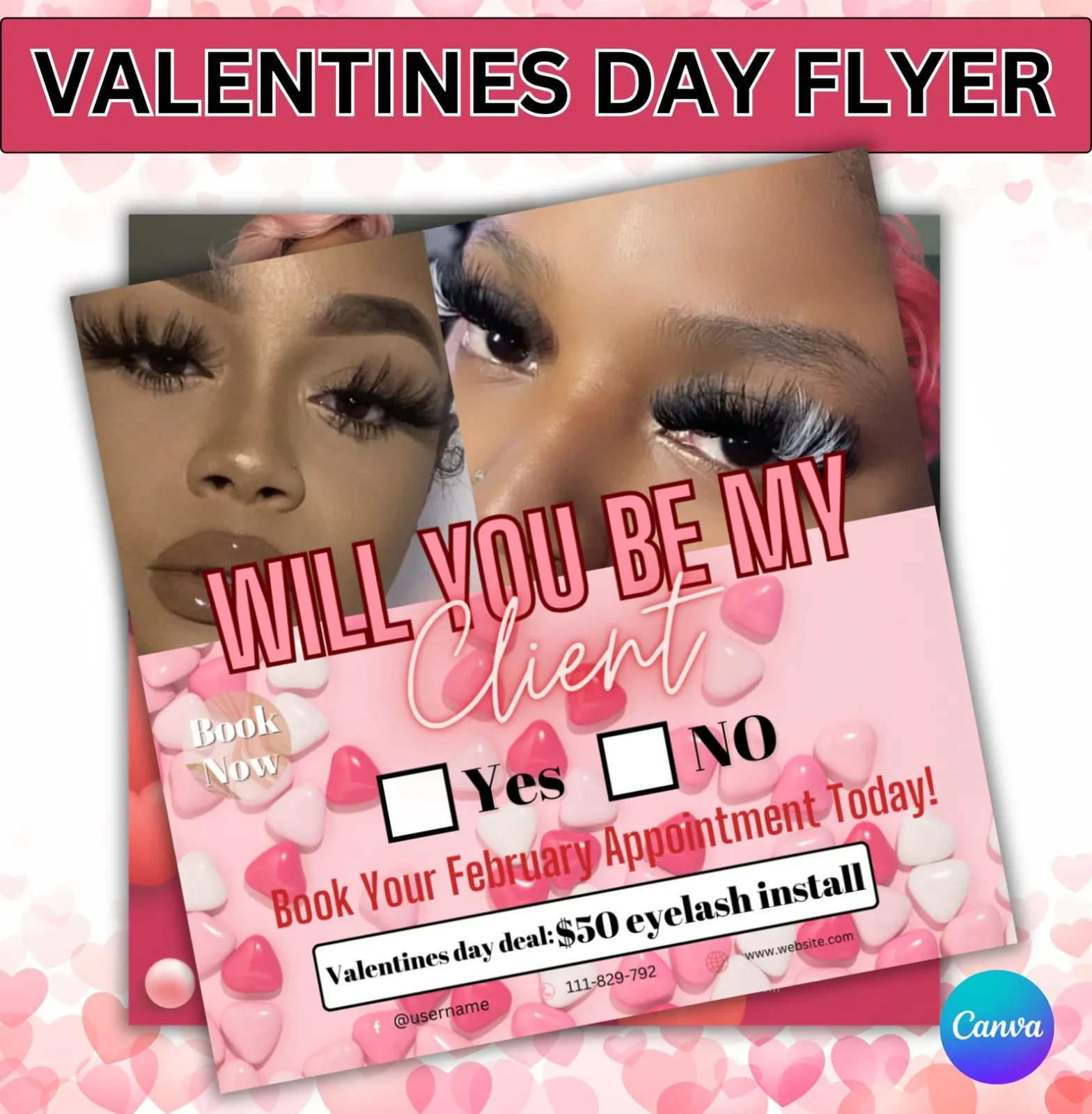 Valentine Booking Flyer | February Client Specials Hair Makeup Nails Lashes.