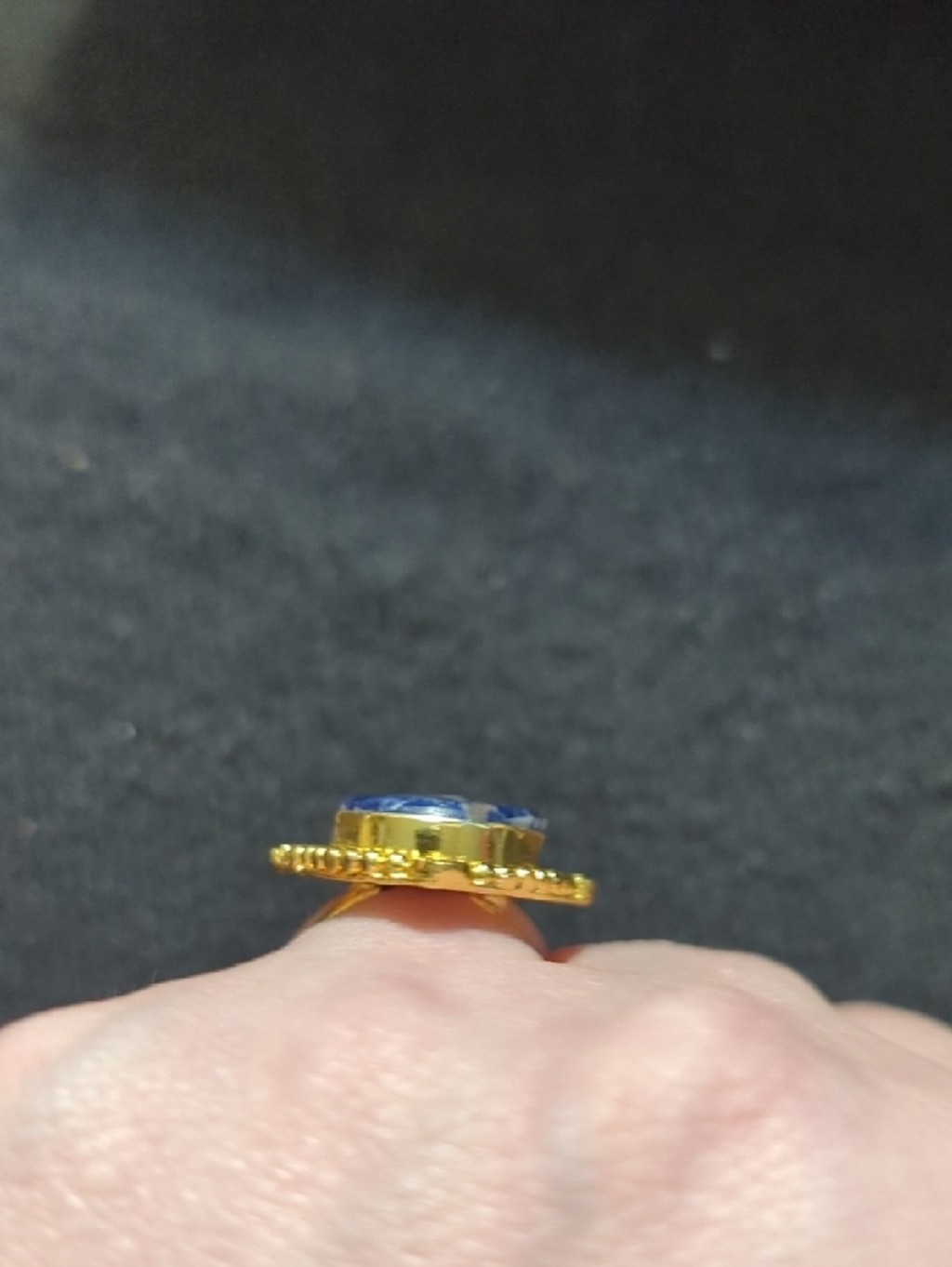 Gold Plated Blue Sodalite Gemstone Oval Statement Ring - Size 6