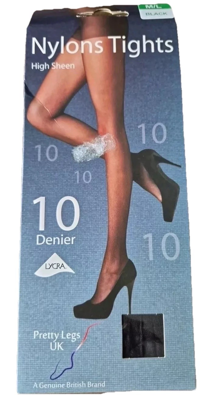 Pretty Legs UK 10Denier High Sheen Nylon Tights Black M/L ~ New & Free P&P