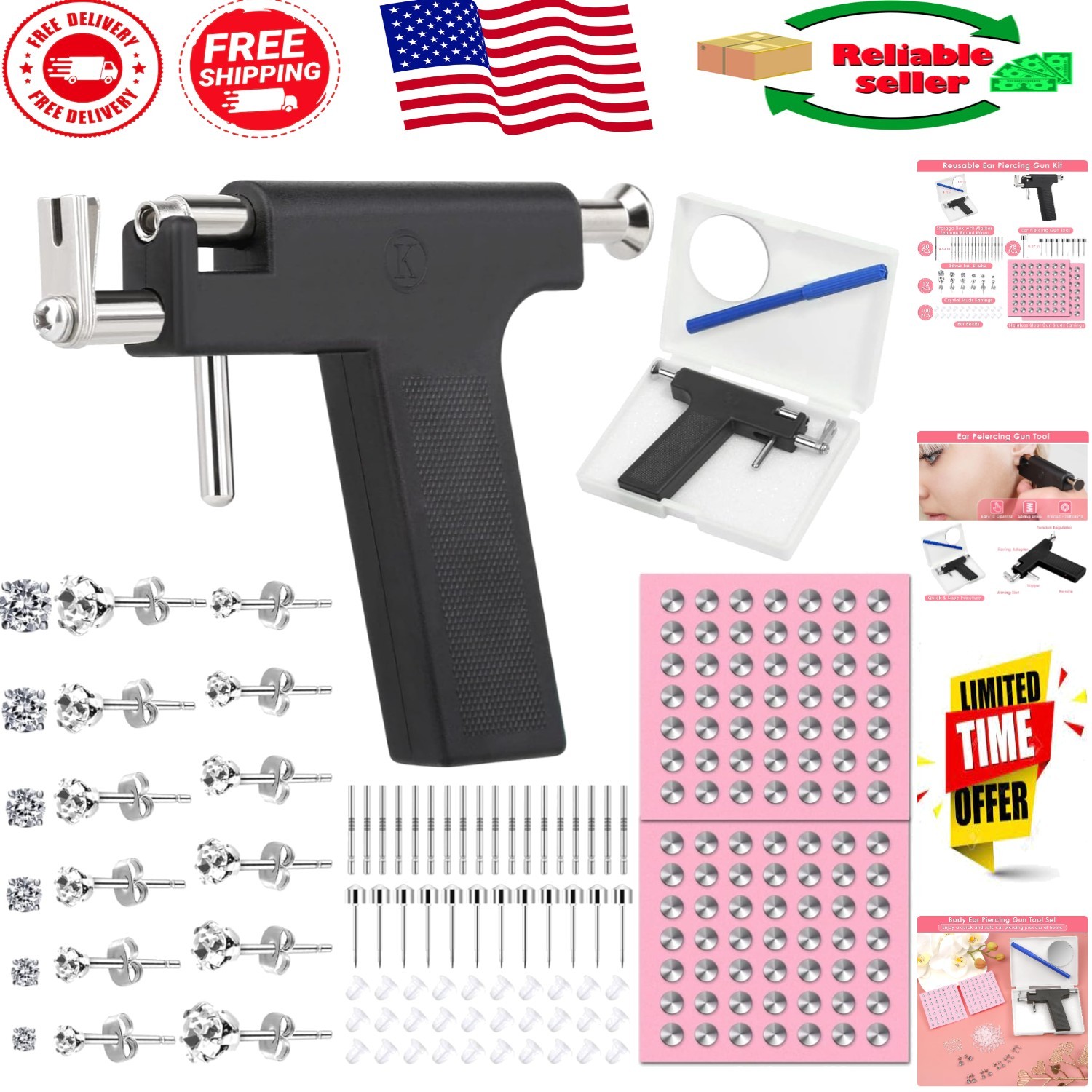 Reusable Ear Piercing Gun Set with 98 Stainless Steel Earrings & Crystals