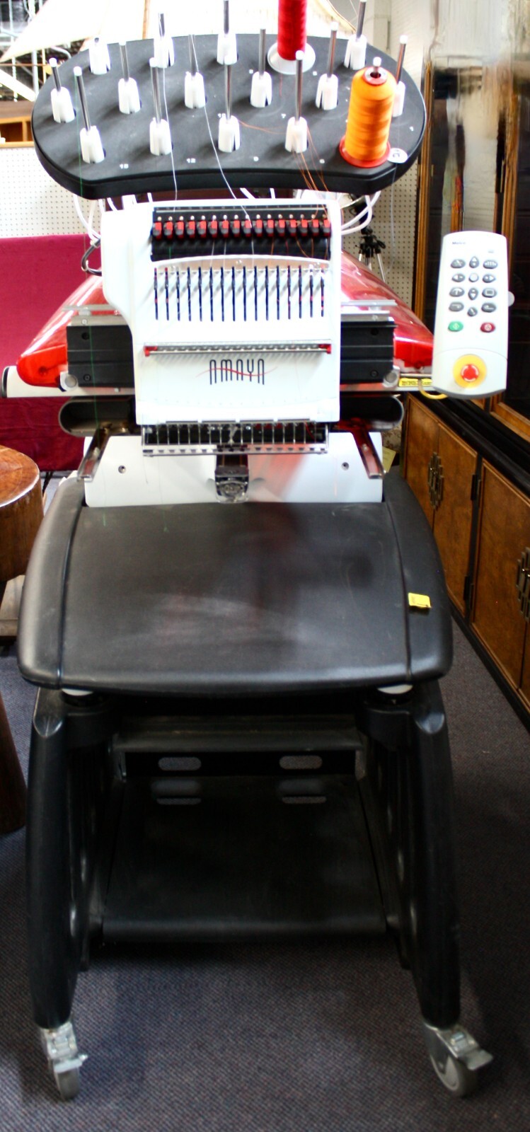 MELCO AMAYA “The Big Red” 16-Needle Embroidery Machine & Cart. Tested & Works
