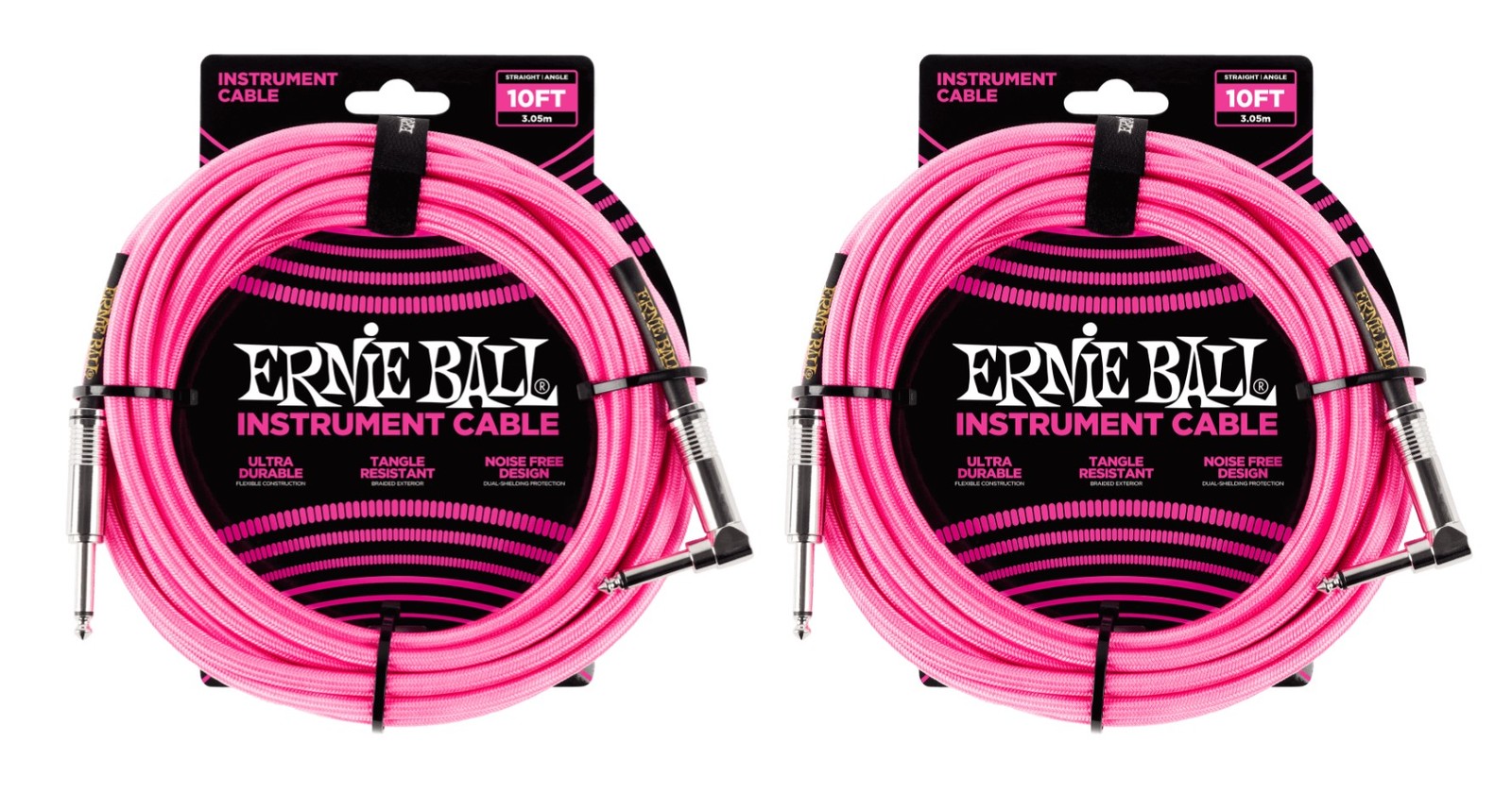 2 PACK Ernie Ball 6078 10' Braided Neon Pink Straight to RA Instrument Cable