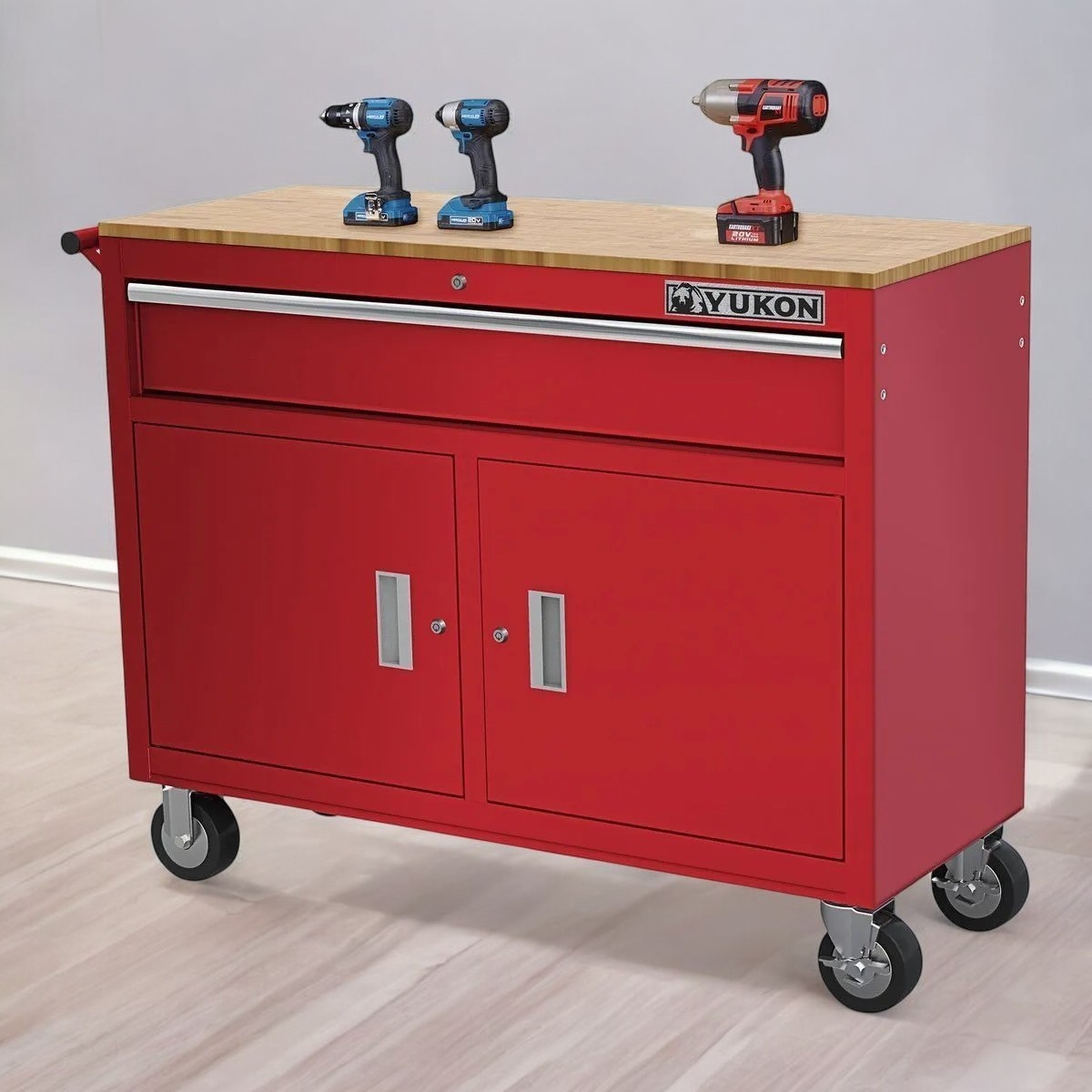 46" Mobile Workbench Rolling Tool Chest Storage Cabinet with Solid Wood Top, Red