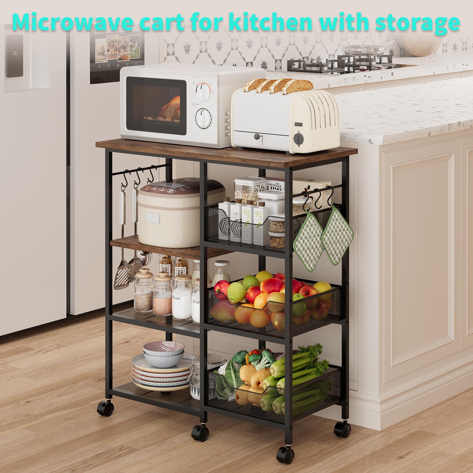 Rolling Kitchen Carts with Storage - Microwave Table Stand with 6 Hooks & 3 B...