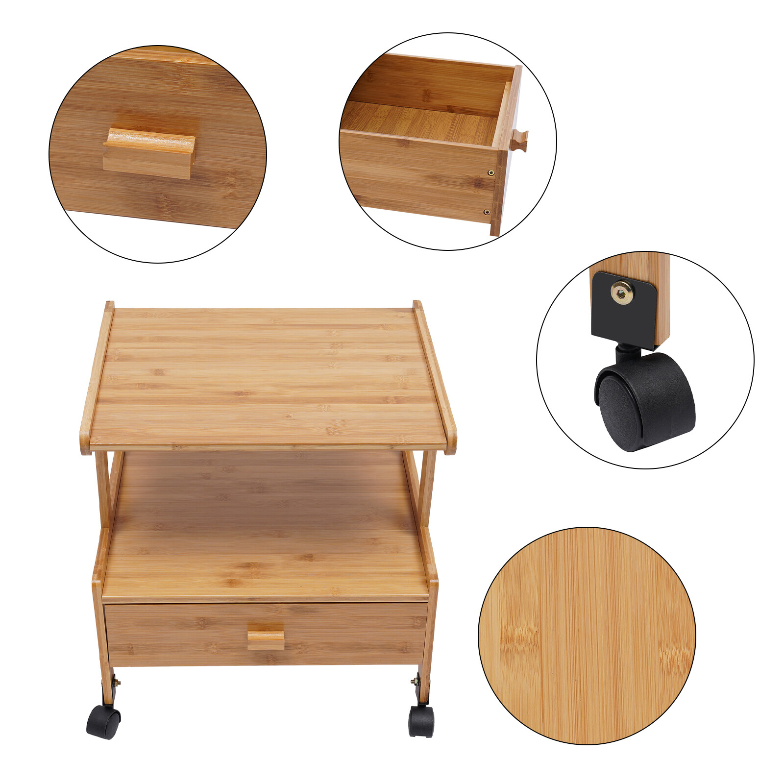 Printer Stand Wheels 2 Tiers Shelf Desk Machine Bamboo Cart Rolling Storage Rack