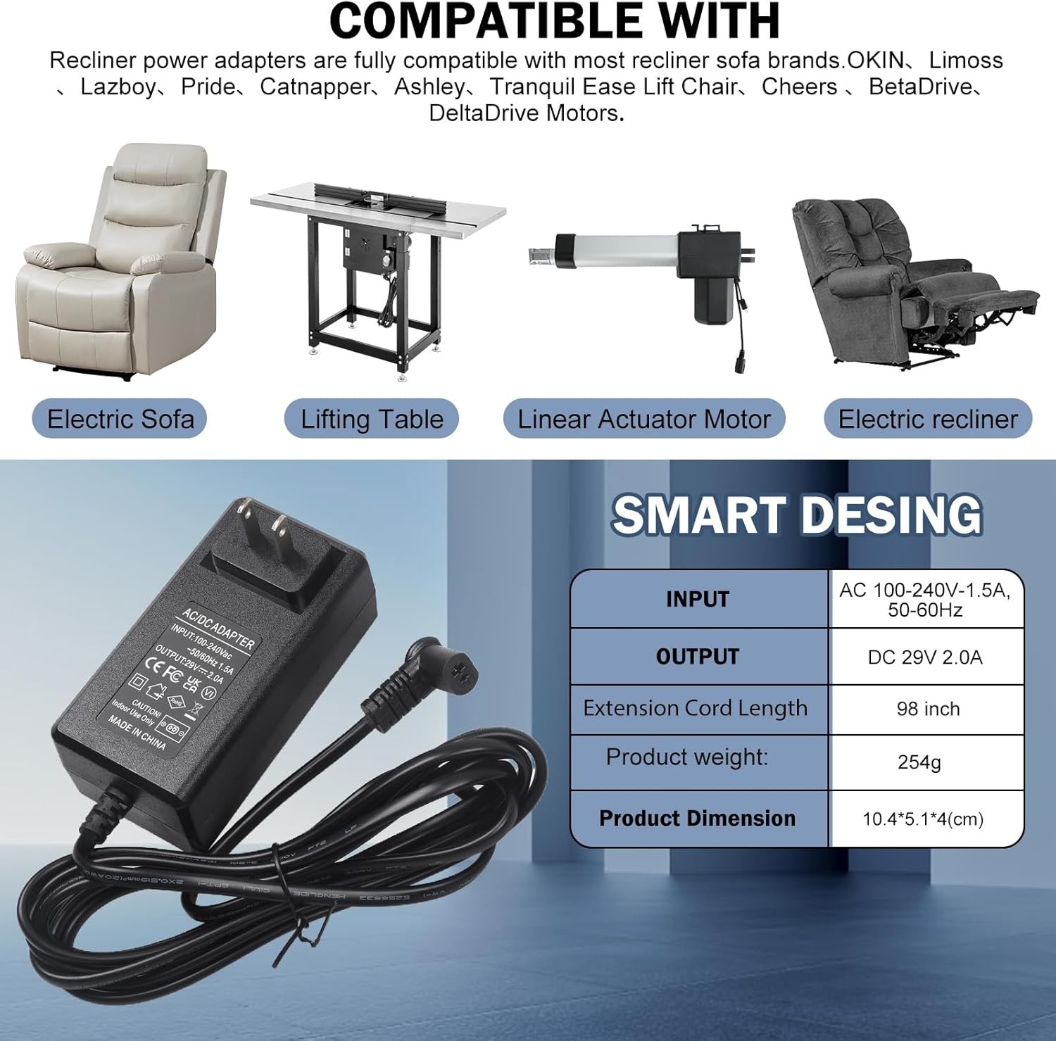 Power Supply for Motion Furniture 29V 2A 58W 90° 2 Prong Plug ZB-H290020A-C