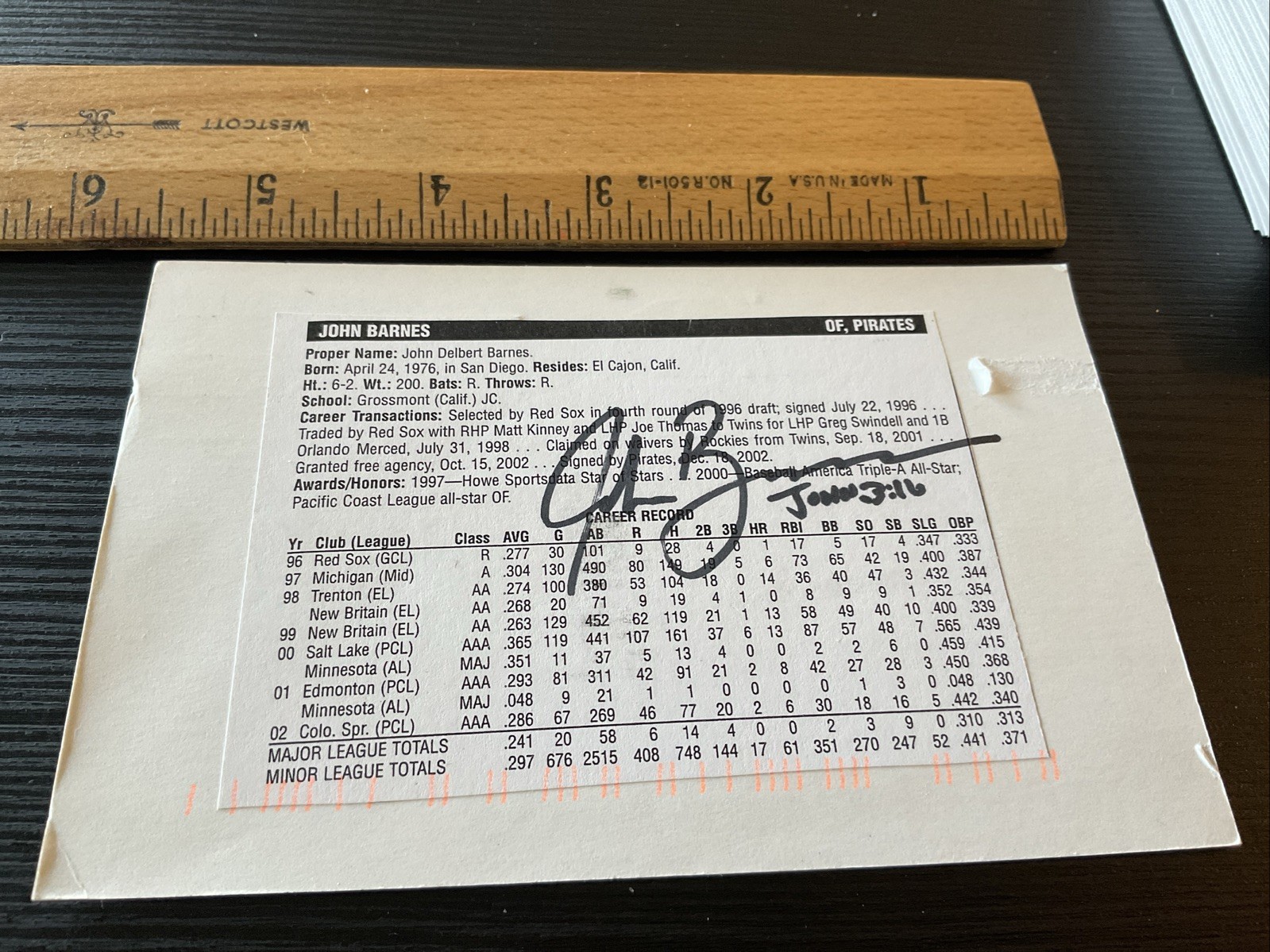 2000 TWINS: John Barnes, SIGNED Cut Mounted On A Post Card