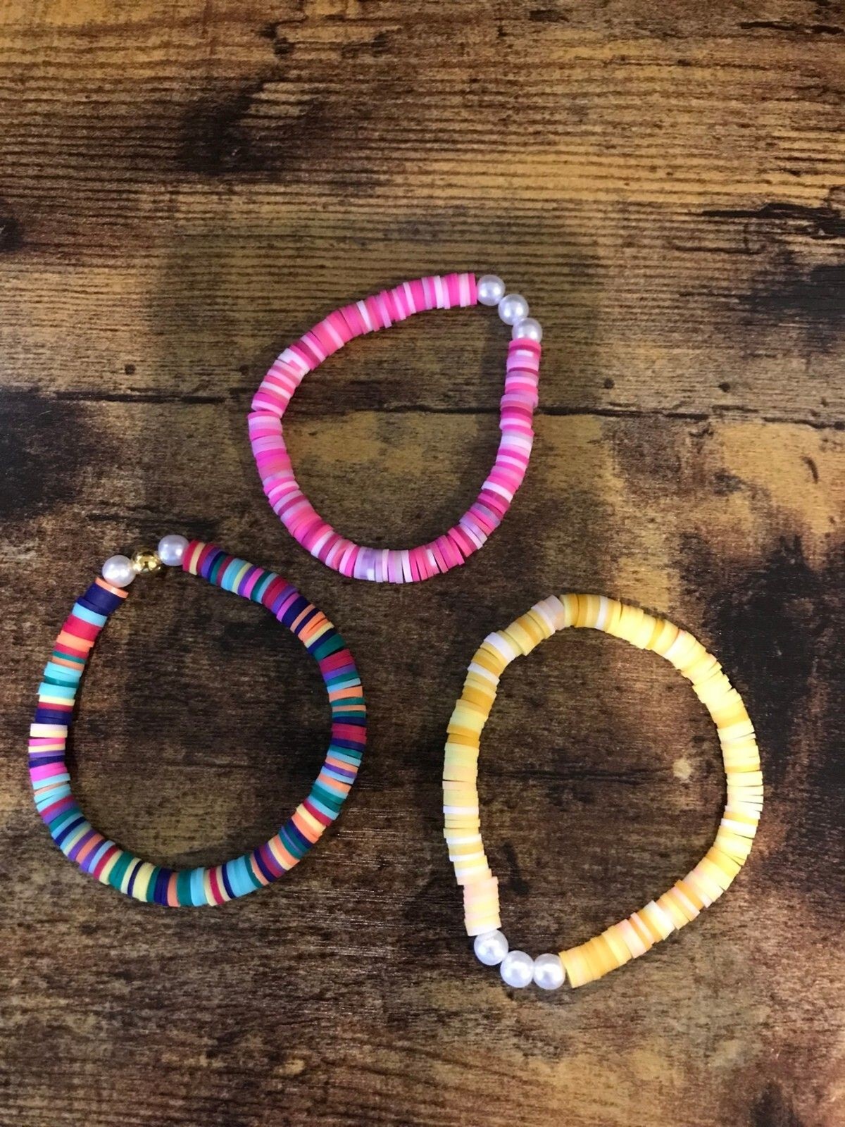 Lot of 3 Clay Bead Bracelet Kid Made Stretchy Assorted Colors