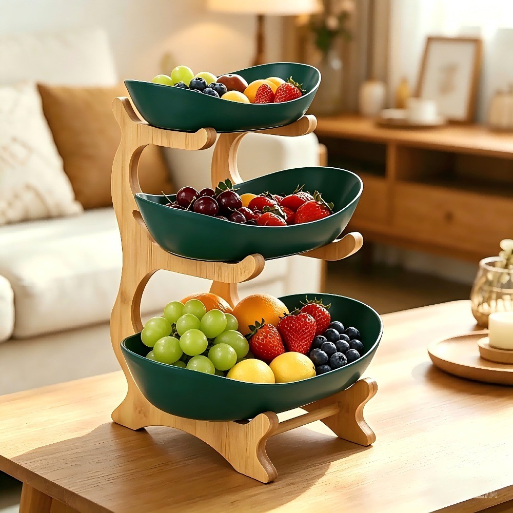 Green Plastic Fruit Plate Living Room Fruit Rack for Serving Snacks 3 Layers