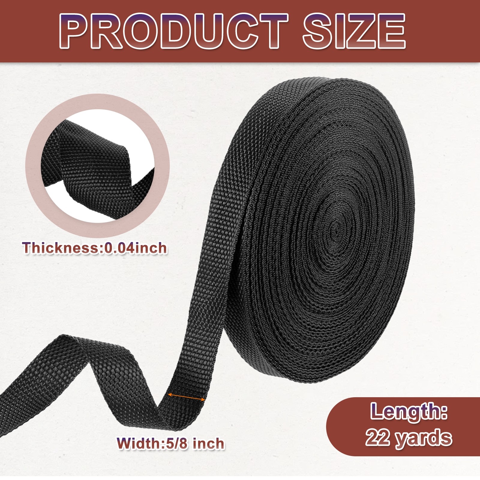 Nylon Webbing Strap 22 Yards x 5/8" Polypropylene Flat Webbing Strap Black