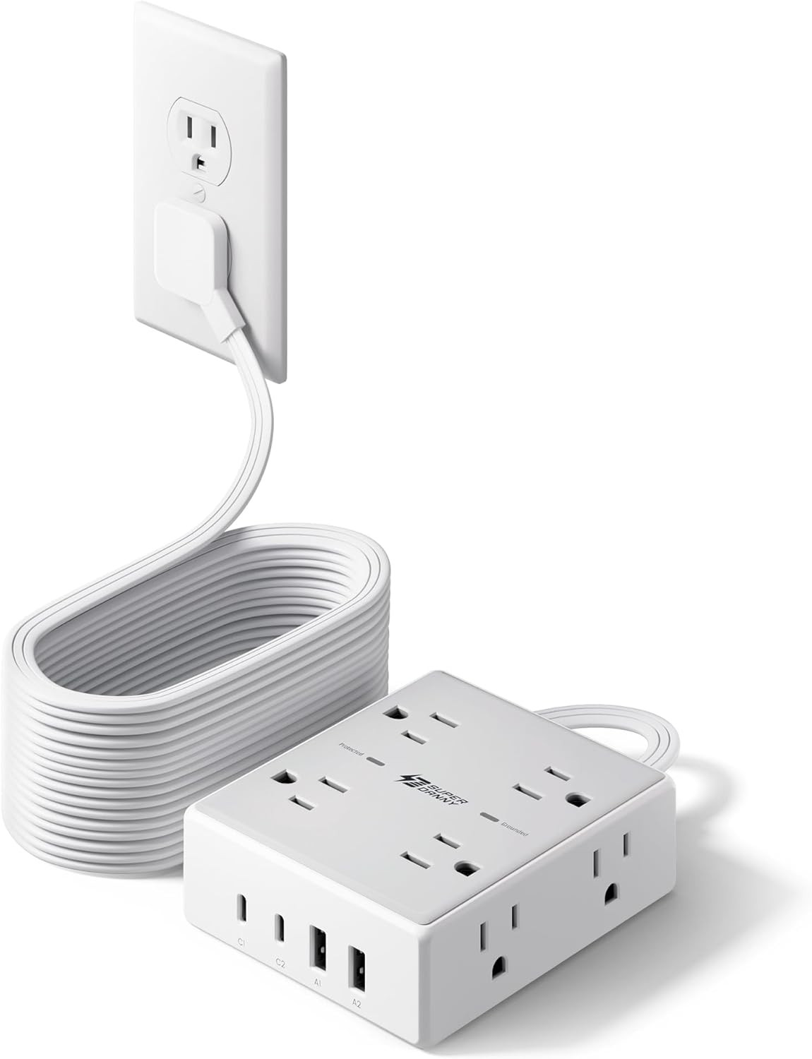 Extension Cord,Flat Plug Surge Protector Power Strip,20Ft | 8 AC & 4 USB Ports (
