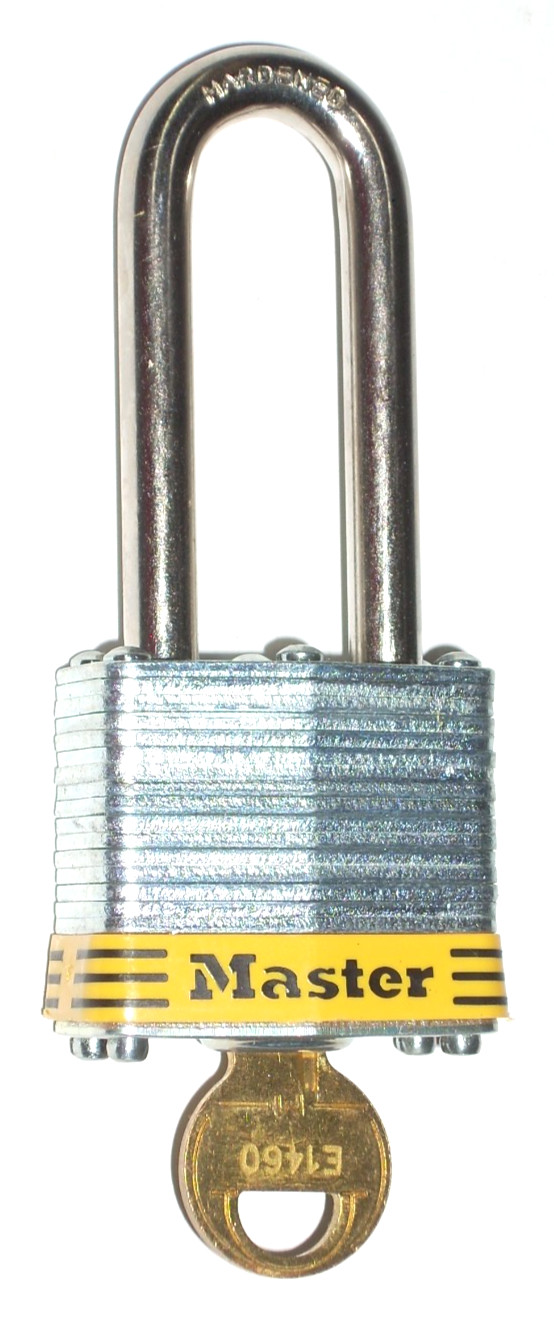 Master Lock Commercial Padlock 1 1/2" Long Lock w 2" Long Shank Opening & 1 Key