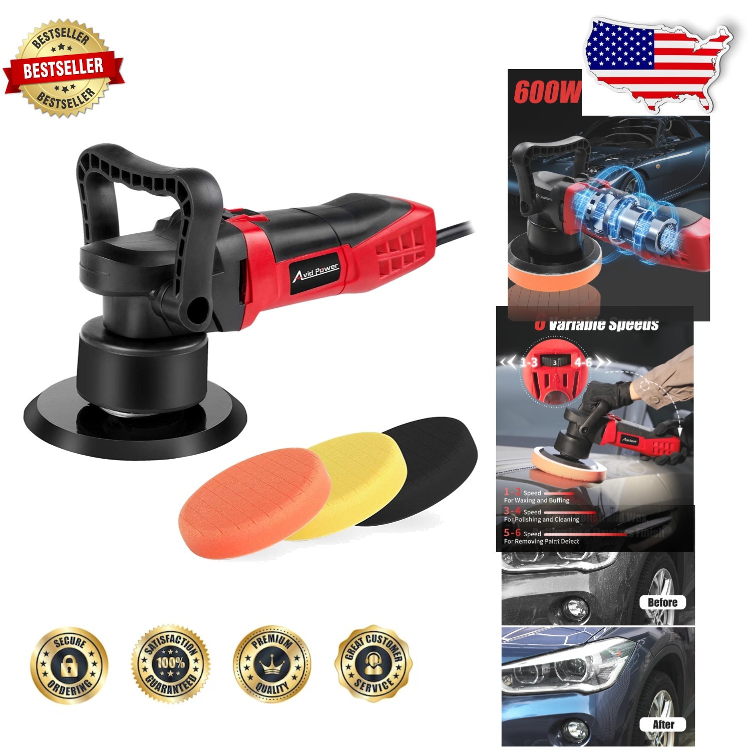 Powerful 6-Inch Dual Action Polisher Kit - 120V, 6800 RPM, Automotive Detailing