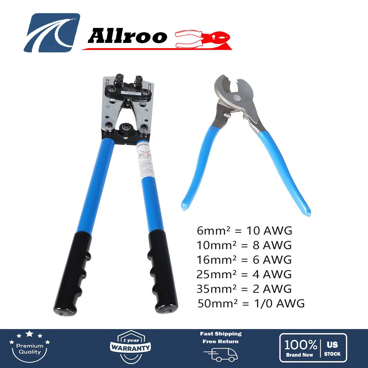 Battery Cable Lug Crimping Tool from AWG 10-0 With Cable Cutter and Crimp