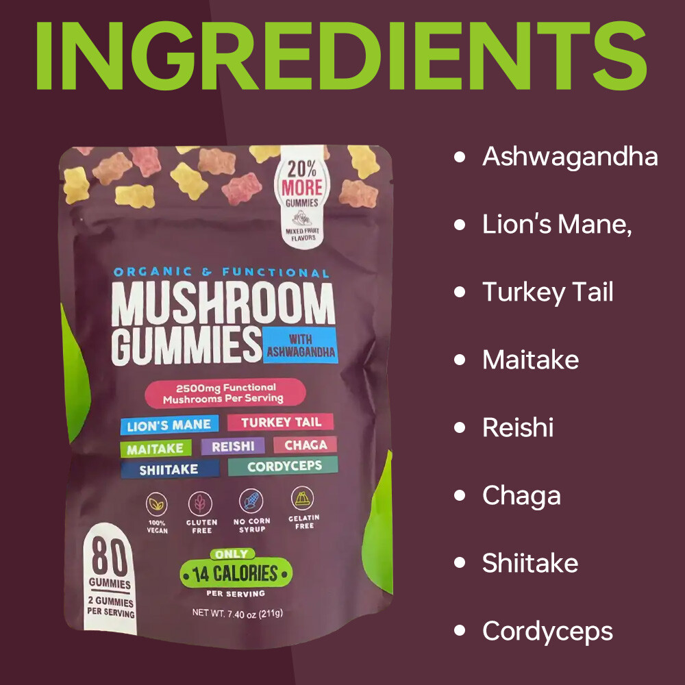 Functional Mushroom Gummies, 2500mg w/Ashwagandha Shiit Blend for Focus Immunity