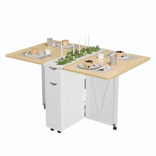 Folding Dining Table with Storage, Folding Kitchen Table with 6 Burlywood
