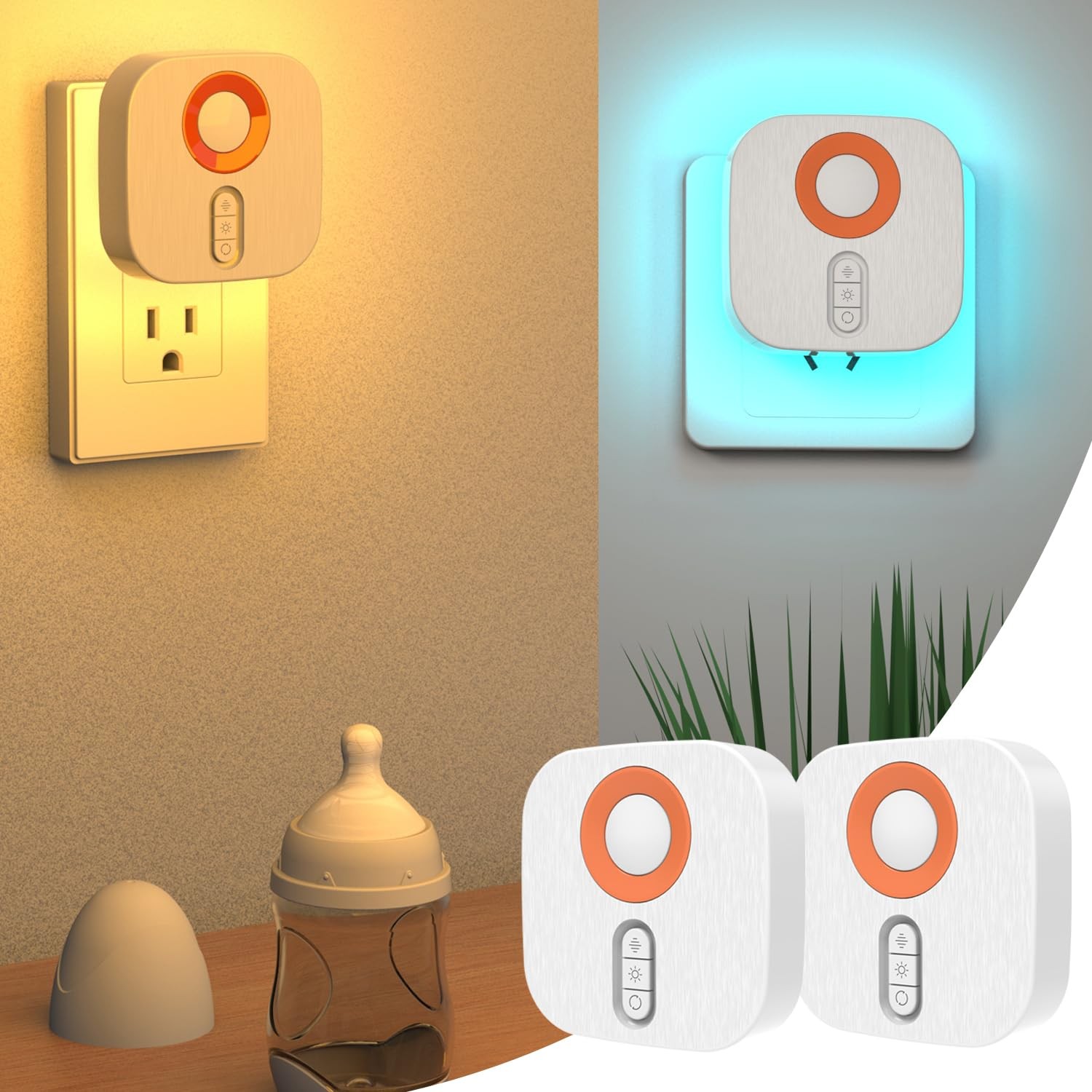 2 Packs Plugin LED Backlit Night Light Motion Sensor Dusk Dawn Silver
