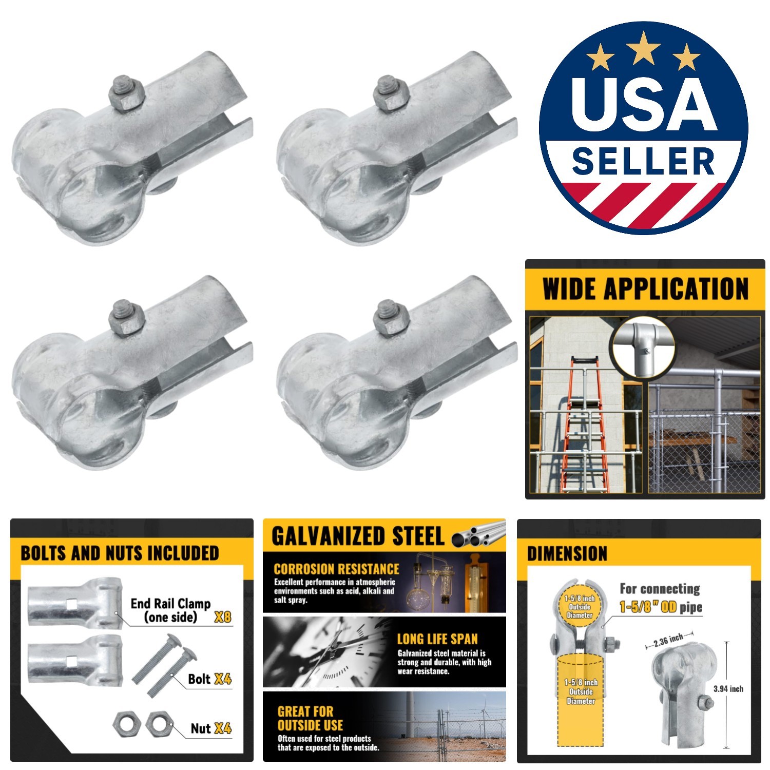 Versatile 1-5/8 Inch End Rail Clamps - Galvanized Steel Connection Set (4 Pack)