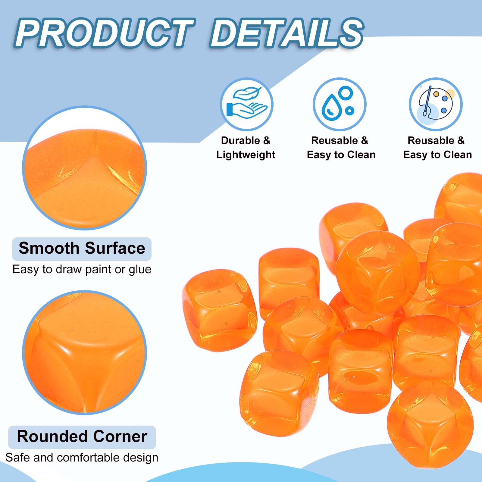 16 mm Clear Dice Blank 100 Pcs Rounded Corner with Smoothed Surface Orange