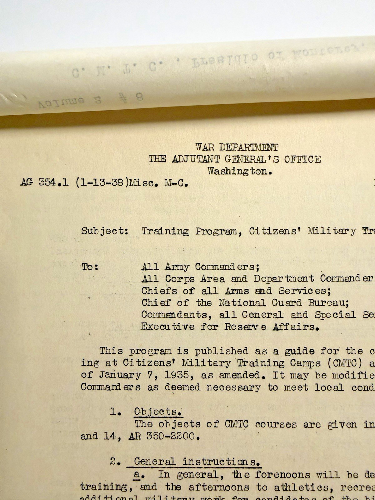 WW2 Era War Dept. Adjutant General's Off. AG; Training Military Camp; 1938
