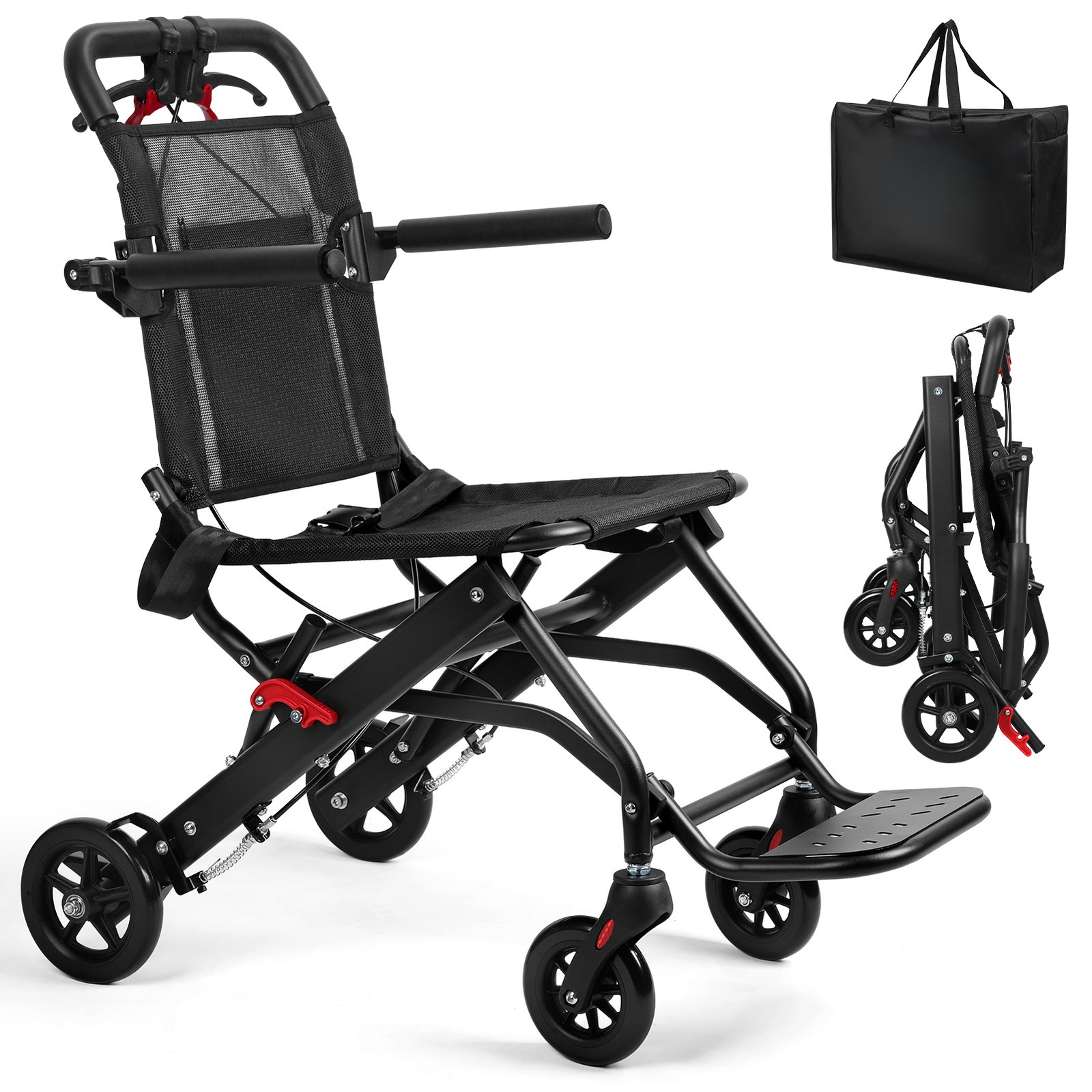 Ultralight Wheelchair 13lbs Foldable Aluminum Alloy with Bag 286LBS Capacity