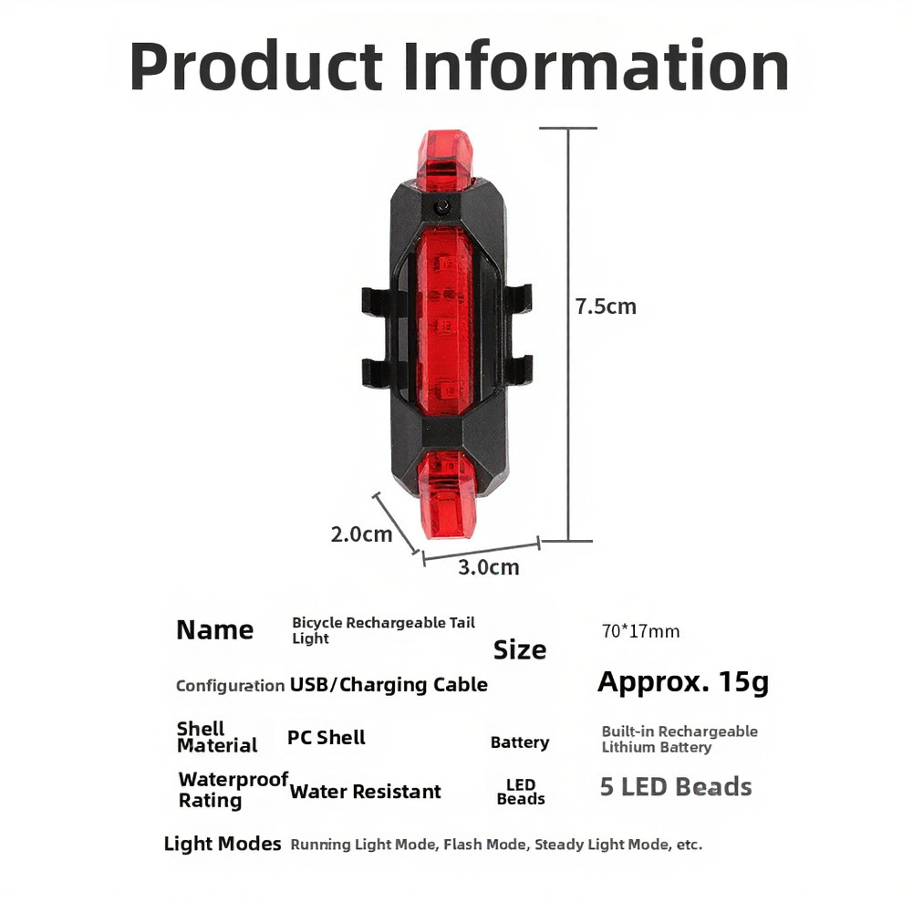 LED Bicycle Taillight with USB Charging Cable Compact 2 x 7.3 x 2 cm Design
