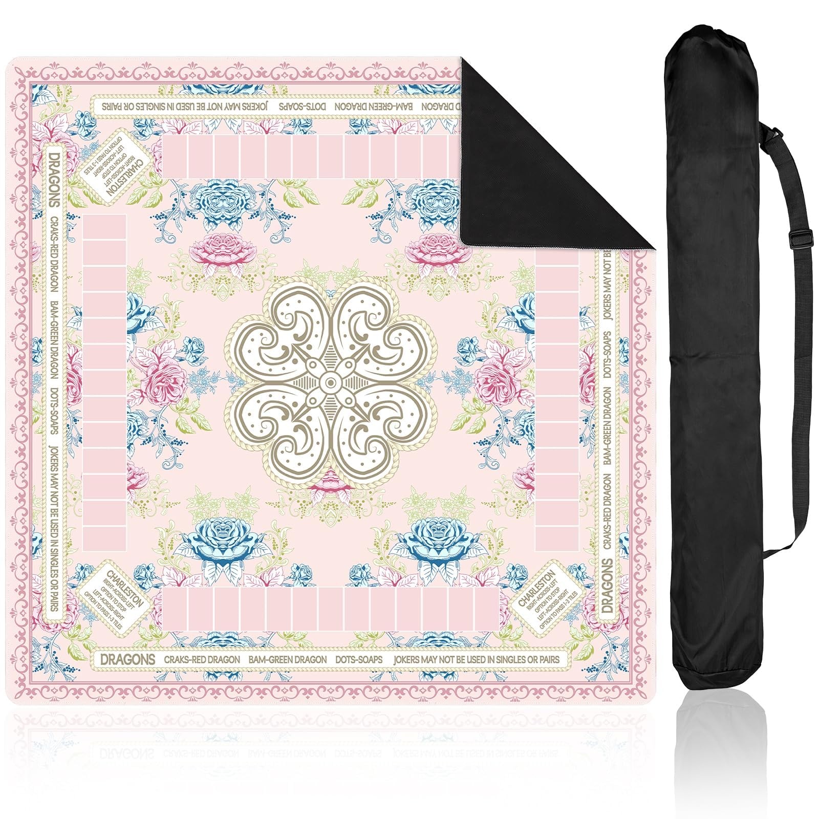 Chinoiserie Mahjong Mat with Black Carrying Bag 31.5 x 31.5 in Multi Purpose ...