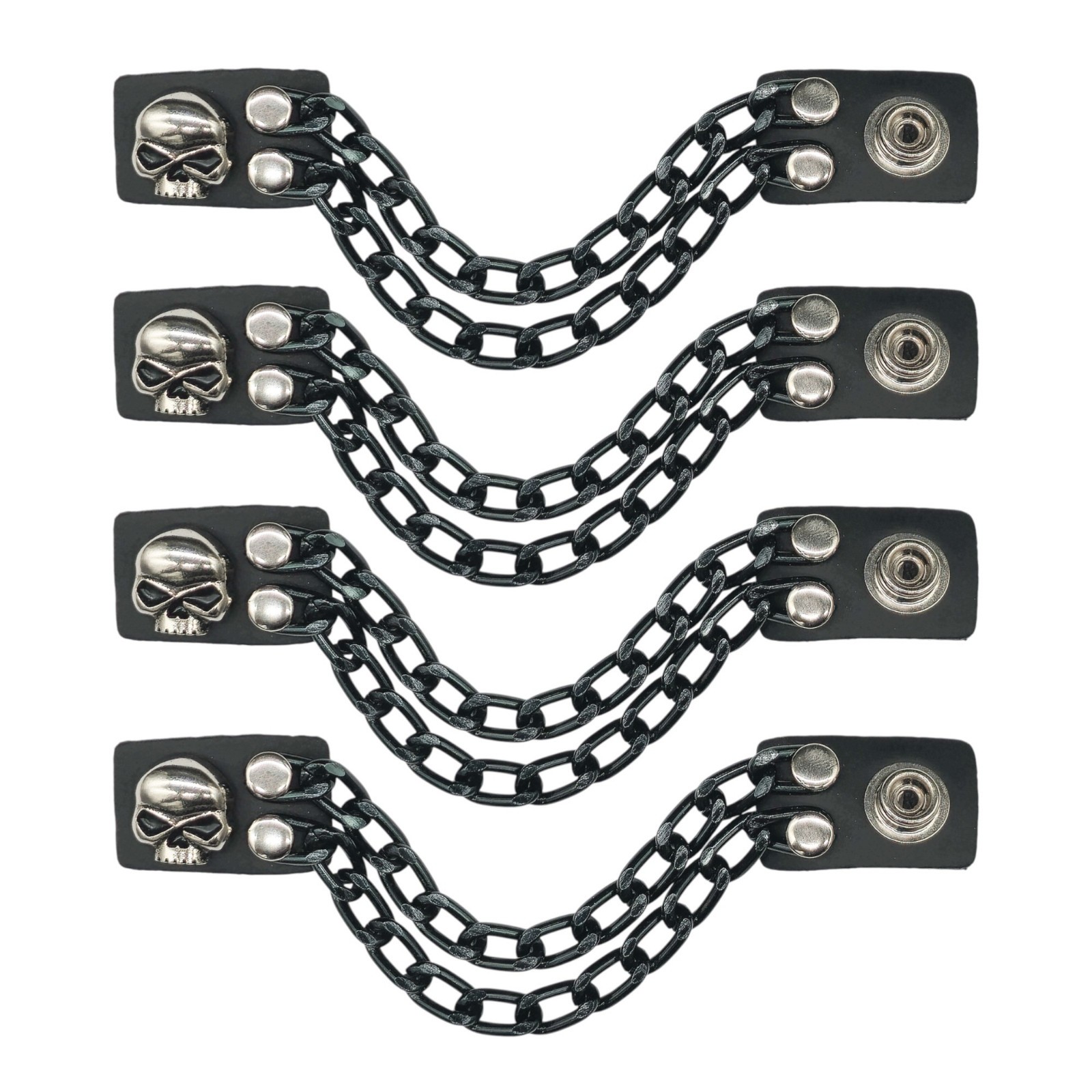 4 BLACK SKULLFACE BUTTON SNAP DOUBLE CHAIN MOTORCYCLE VEST EXTENDERS MADE IN USA