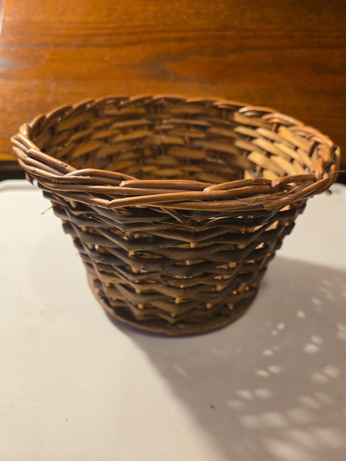 8 inch round woven wicker basket, 5 inch depth