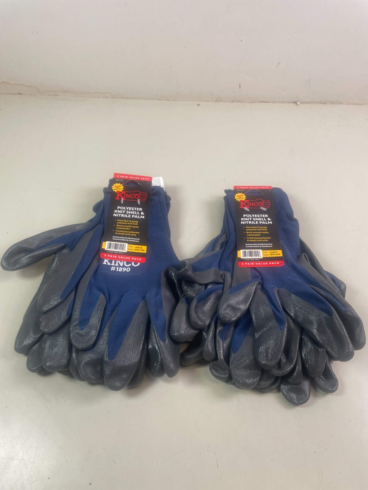 Kinco Gloves Polyester Knit Shell & Nitrile Palm 6 Pairs Total Large 1890-3PK