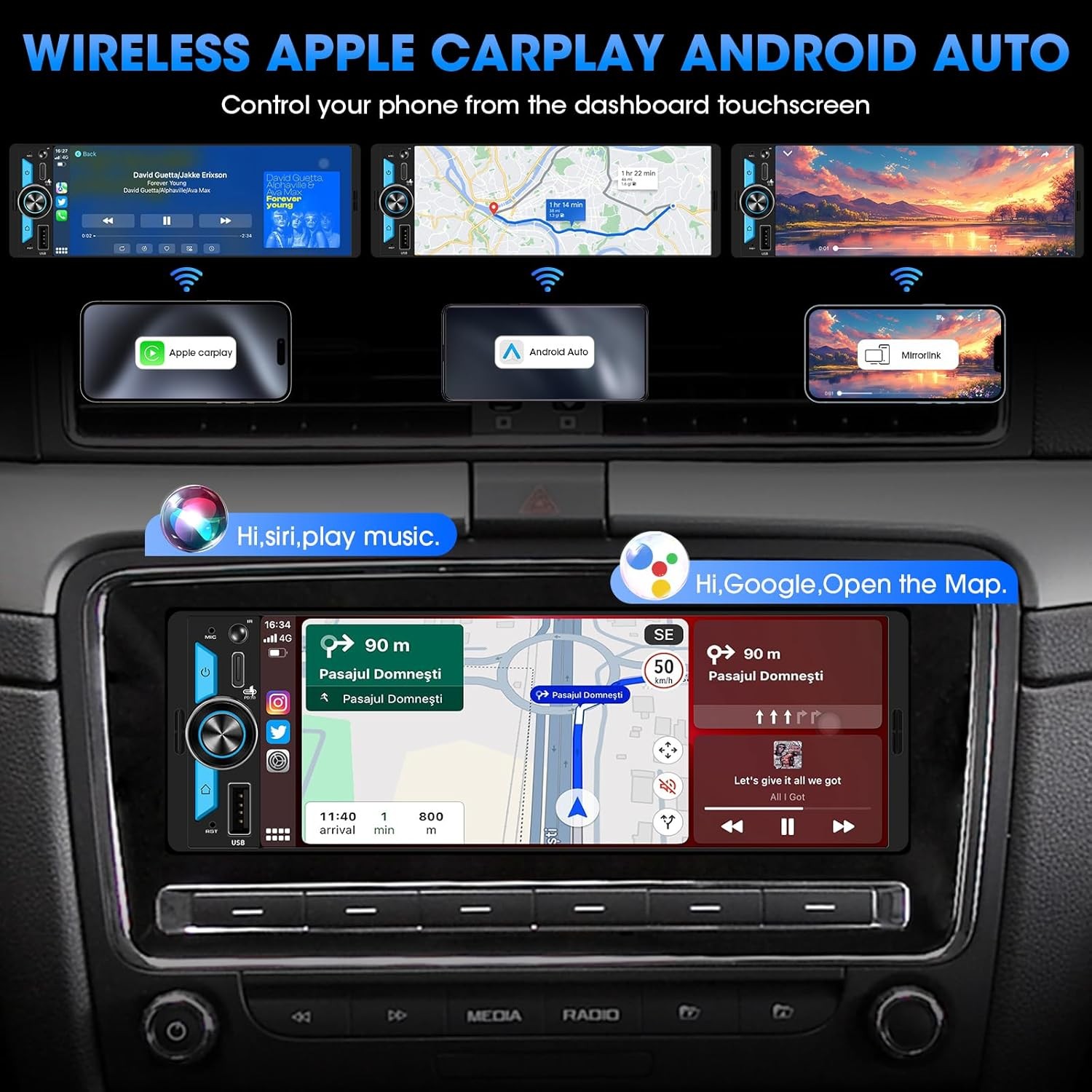 AKAMATE Wireless Single Din CarPlay Stereo: 6.5 Inch Wireless Android Auto