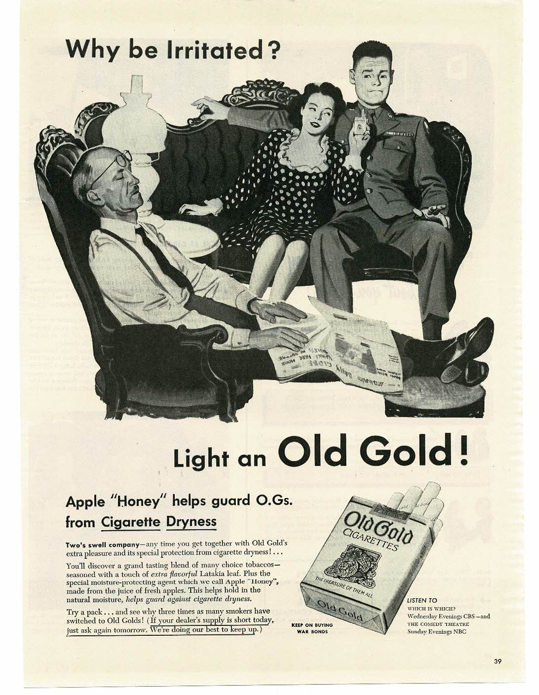 1945 Old Gold Cigarettes Soldier & his girl wait for dad to fall asleep WWII Ad