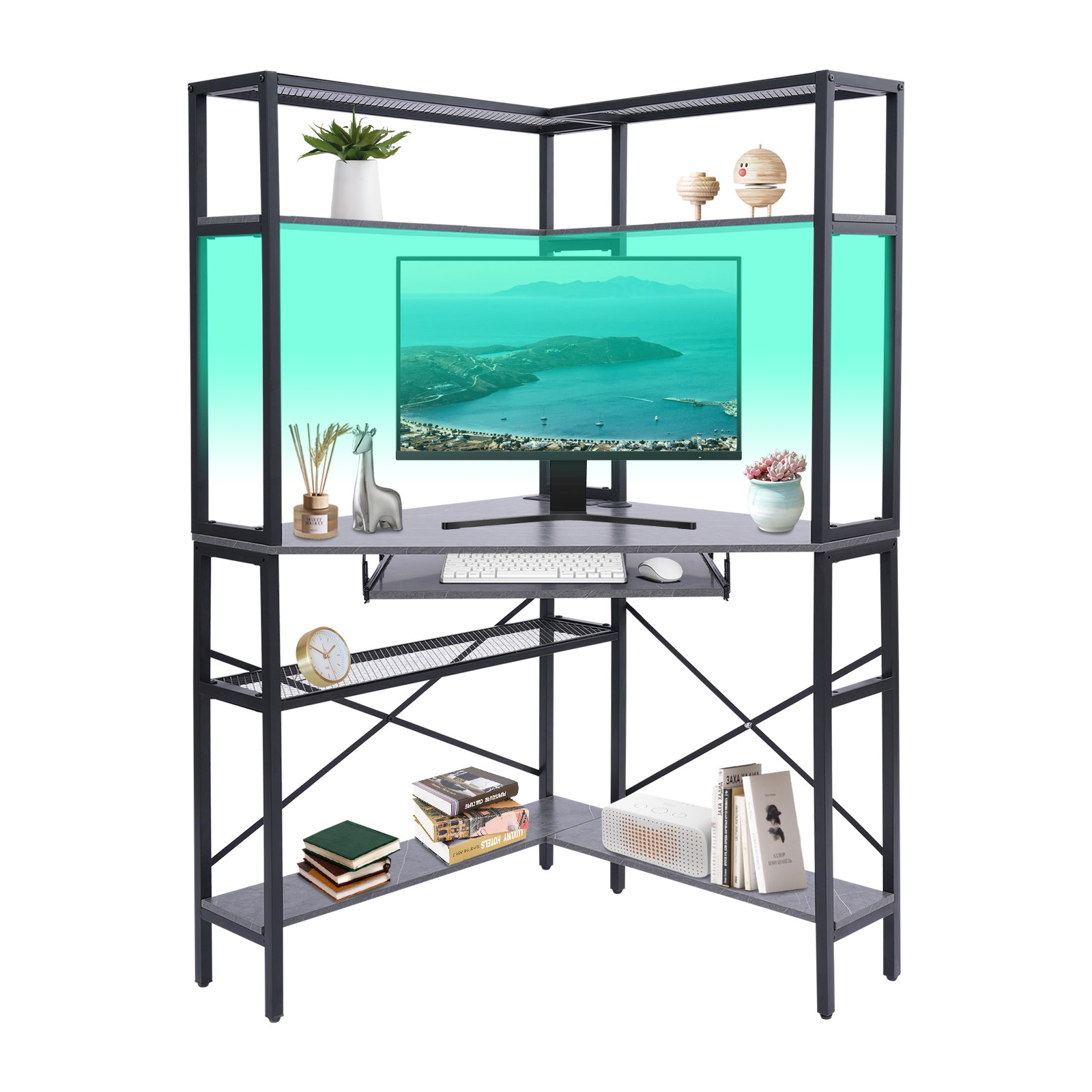 Corner Computer Desk With Led Lights & Power Outlets, L-shaped Gaming Desk