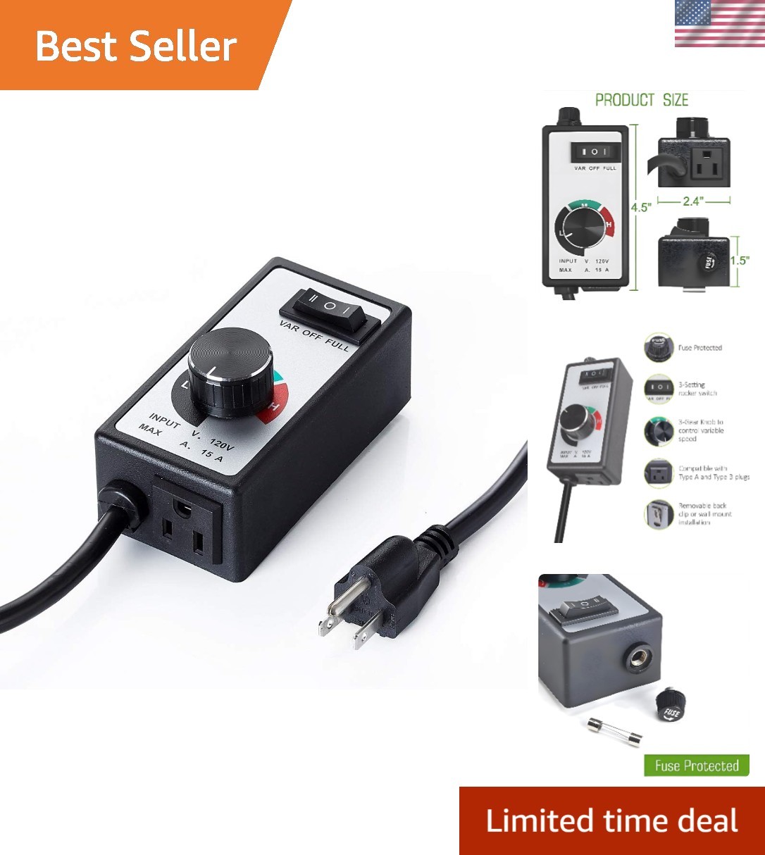 Adjustable 15A Fan Speed Controller with 6' Power Cord - Safe & Efficient