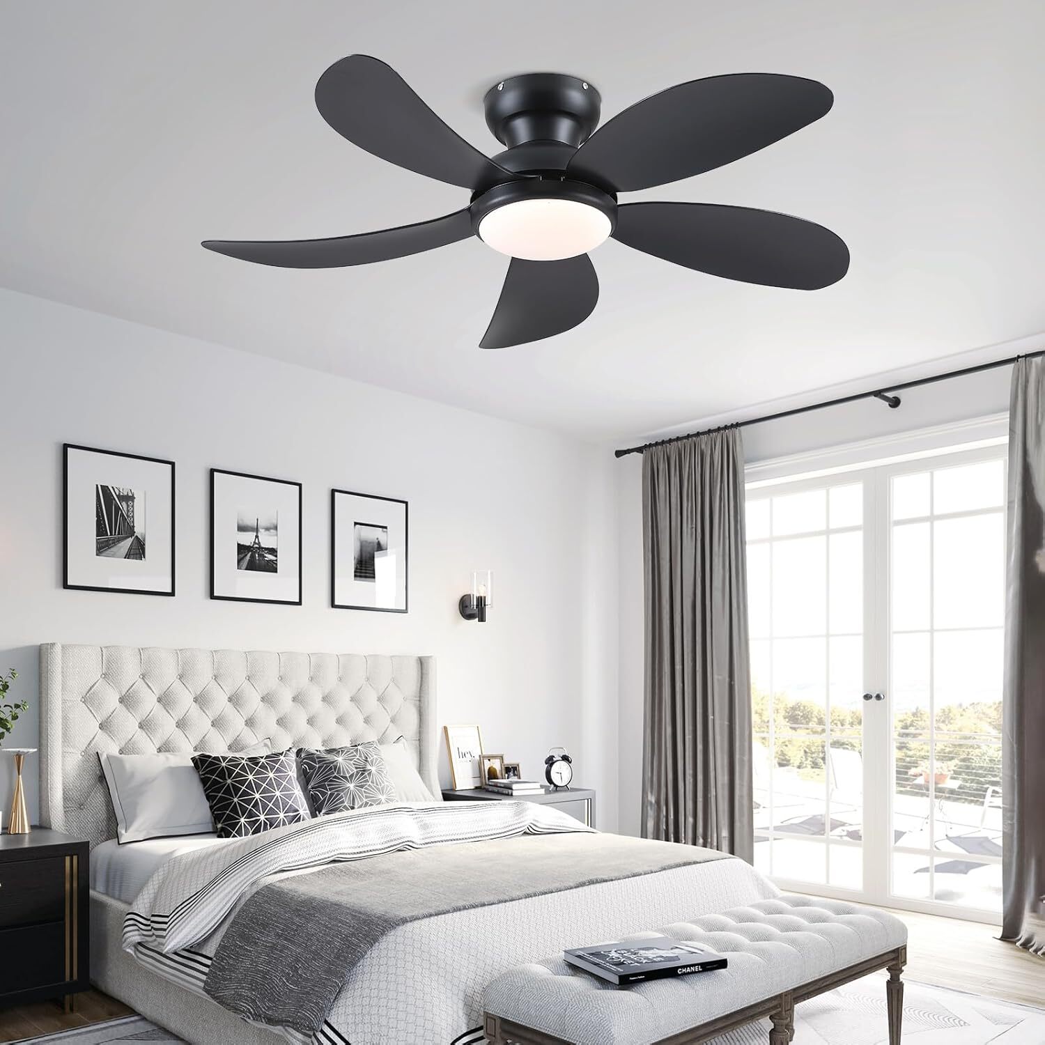 42” Black Low Profile Ceiling Fan with Light and Remote Control, Recessed