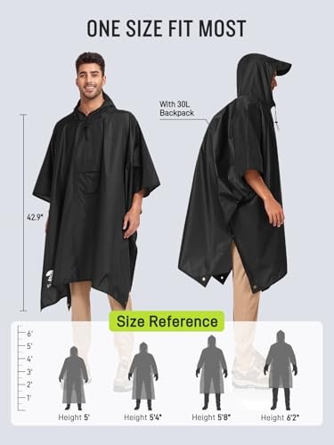 Extra Thick Hooded Rain Poncho Double Layer Waterproof Raincoat Black 2 Pack