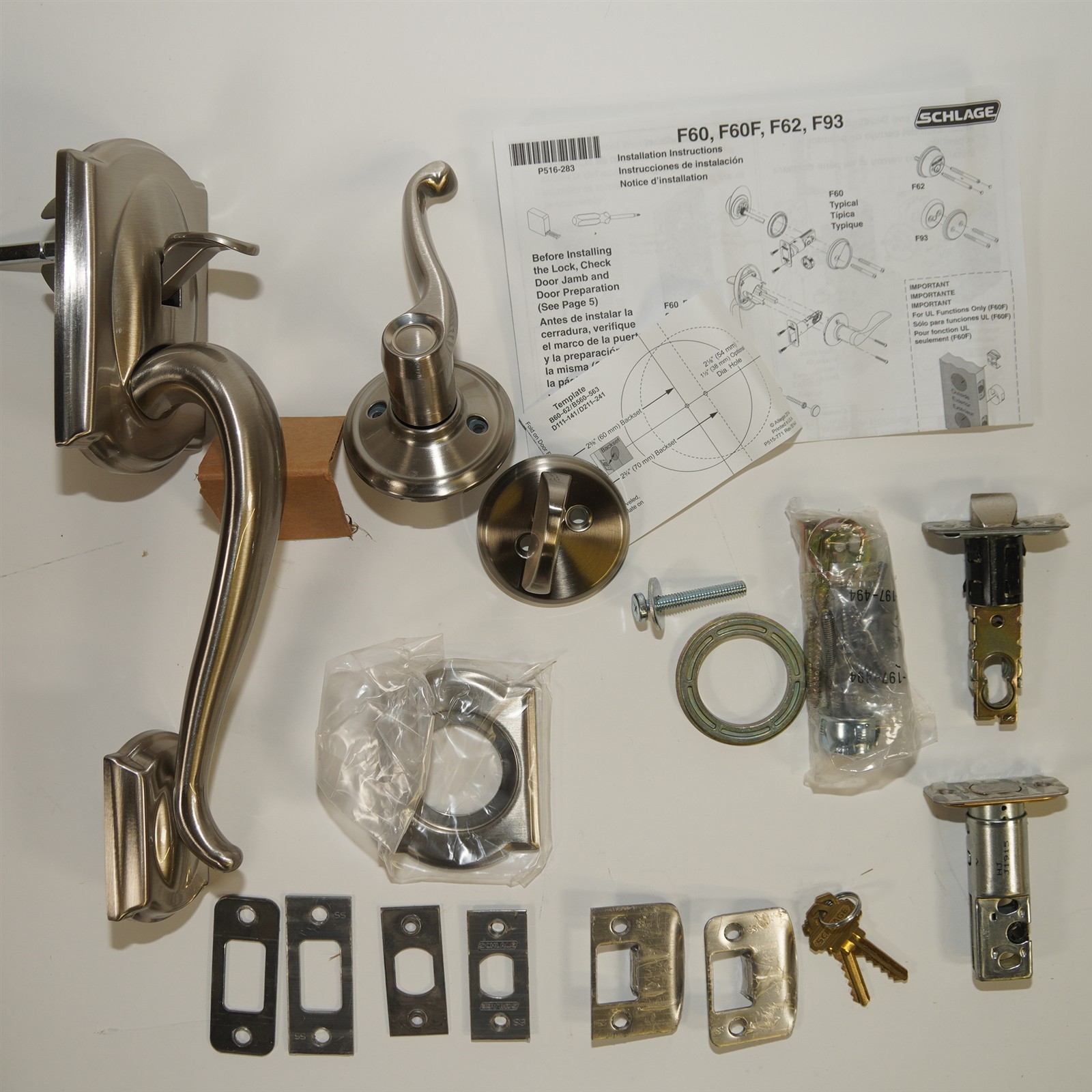 Schlage Camelot F60 CAM 619 FLA LH Entrance Handleset Flair Lever Satin Nickel