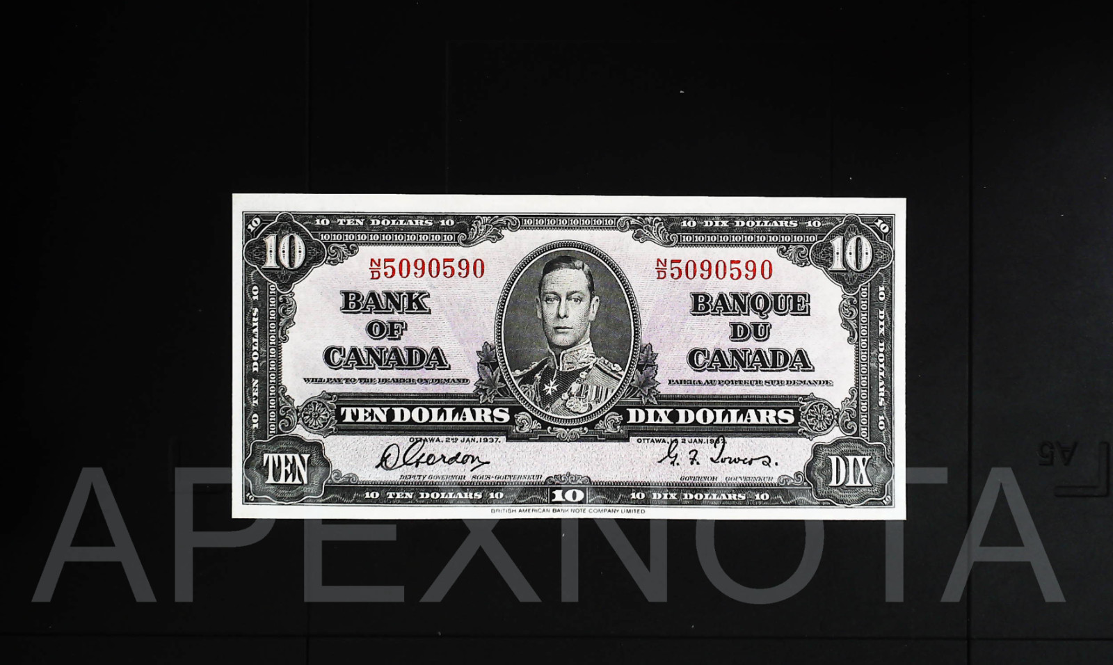 CANADA $10 DOLLAR 1937 BC-24b CU CHOICE UNC- KGVI PREFIX N/D SIGN GORDON TOWERS
